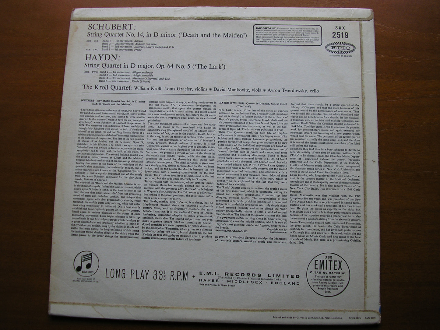 SAX 2519 SCHUBERT: DEATH & THE MAIDEN / HAYDN: THE LARK THE KROLL QUARTET