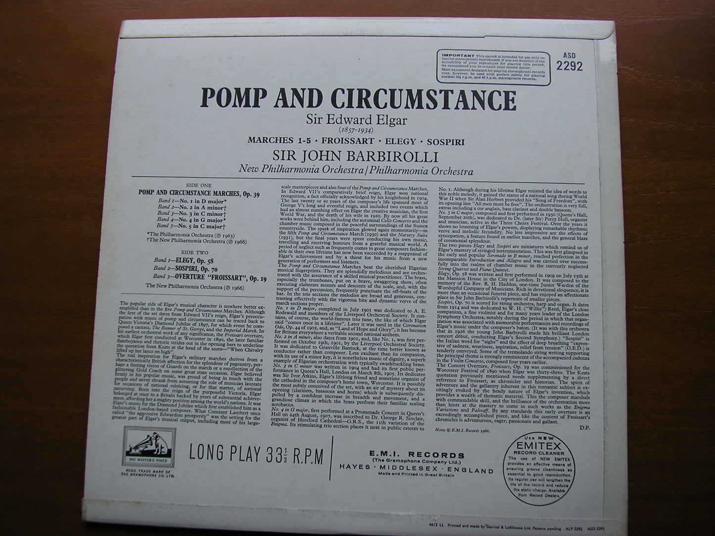 ELGAR: POMP & CIRCUMSTANCE MARCHES 1 - 5 / FROISSART / ELEGY / SOSPIRI PHILHARMONIA / NPO / BARBIROLLI ASD 2292