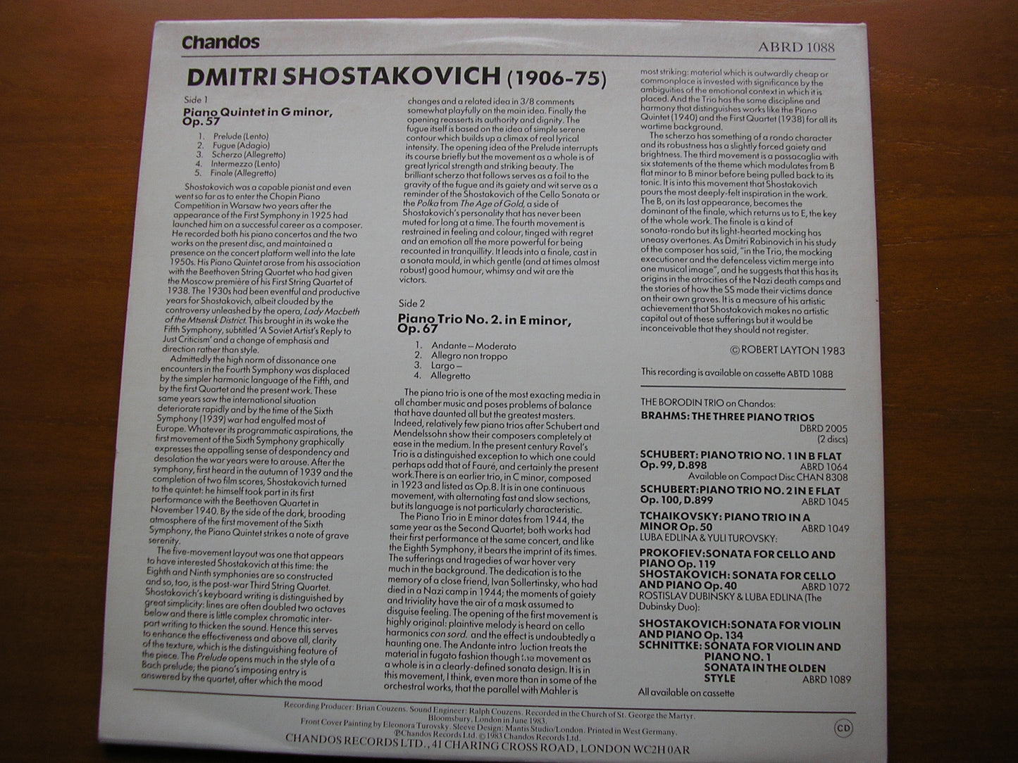 SHOSTAKOVICH: PIANO QUINTET / PIANO TRIO No. 2      THE BORODIN TRIO / ZWEIG / HORNER       ABRD 1088