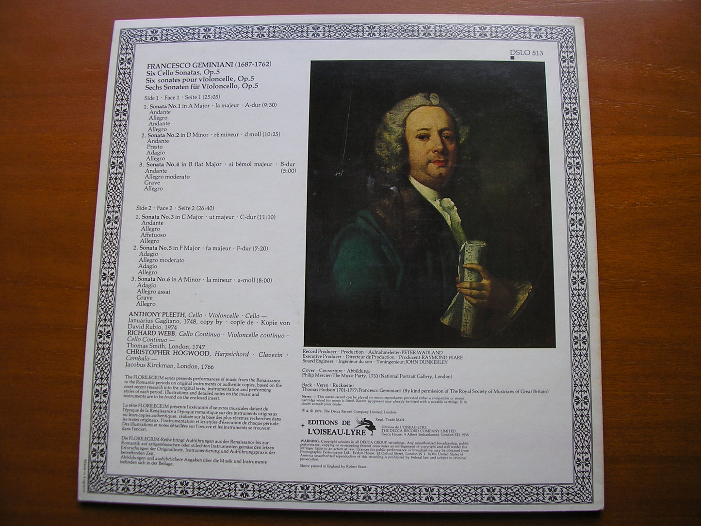GEMINIANI: SIX CELLO SONATAS Op. 5      PLEETH / WEBB / HOGWOOD     DSLO 513