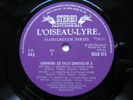 GEMINIANI: SIX CELLO SONATAS Op. 5      PLEETH / WEBB / HOGWOOD     DSLO 513