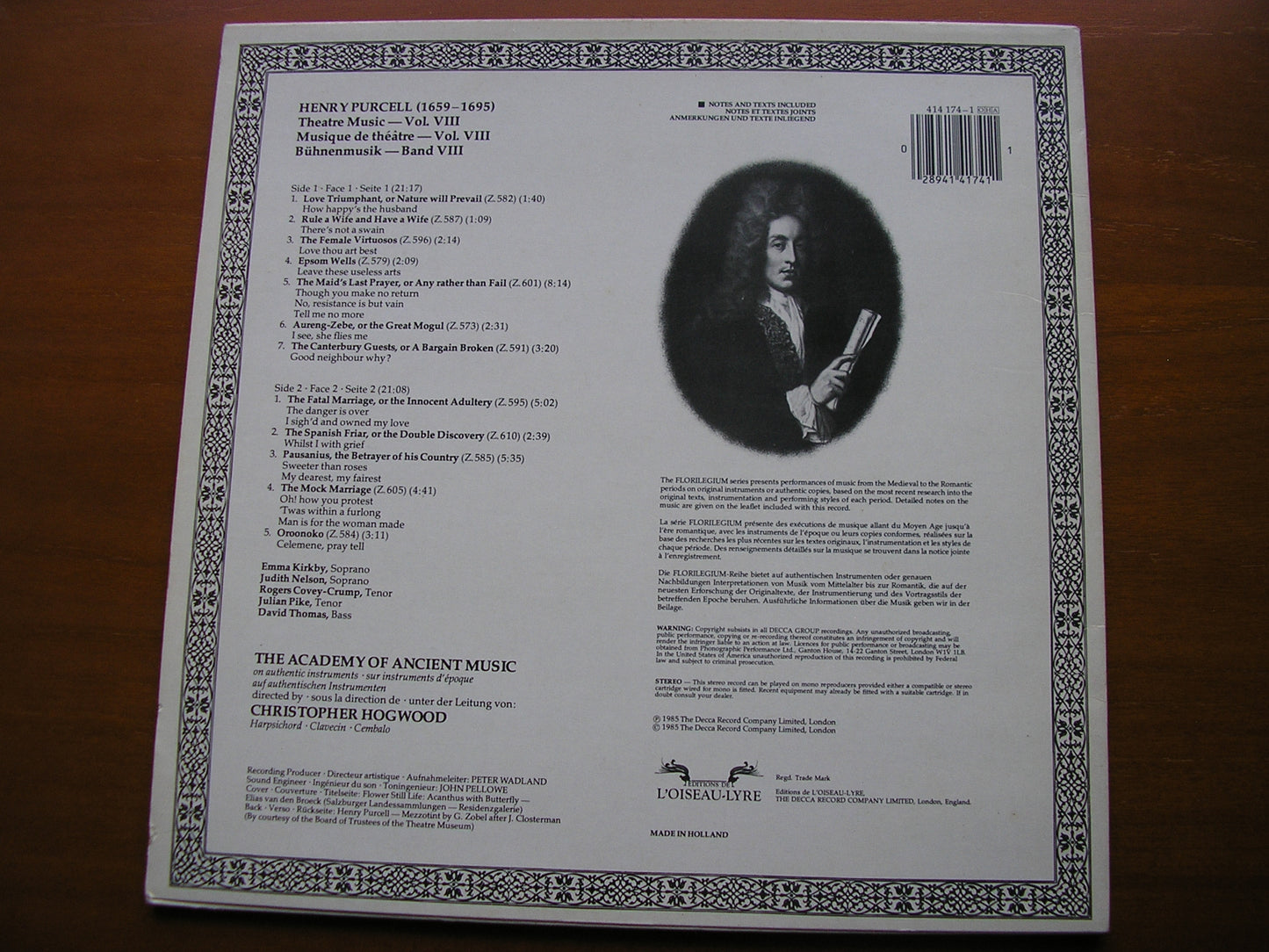 PURCELL: THEATRE MUSIC  Volume VIII    SOLOISTS / ACADEMY OF ANCIENT MUSIC / CHRISTOPHER HOGWOOD     414 174