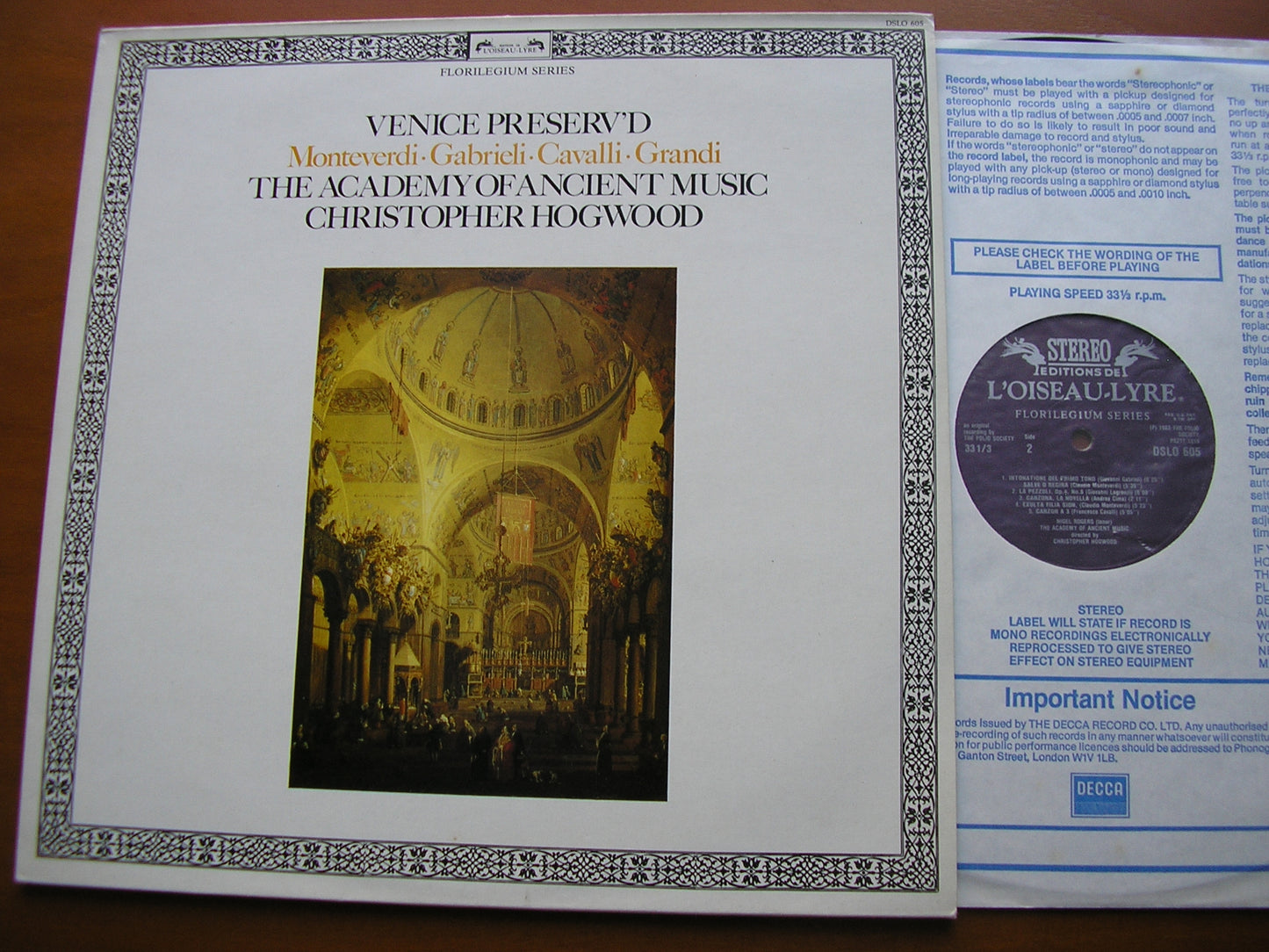 VENICE PRESERV'D: CAVALLI / MONTEVERDI / GABRIELI / GRANDI / LEGRENZI        ACADEMY OF ANCIENT MUSIC / KIRKBY / NELSON / ROGERS / HOGWOOD     DSLO 605