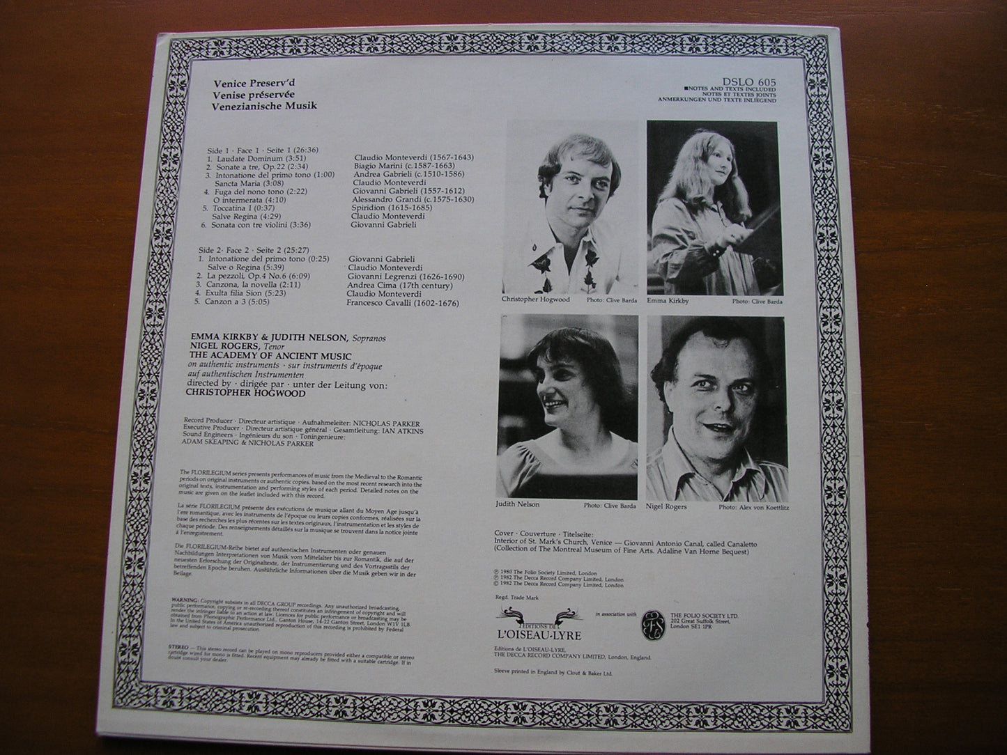 VENICE PRESERV'D: CAVALLI / MONTEVERDI / GABRIELI / GRANDI / LEGRENZI        ACADEMY OF ANCIENT MUSIC / KIRKBY / NELSON / ROGERS / HOGWOOD     DSLO 605