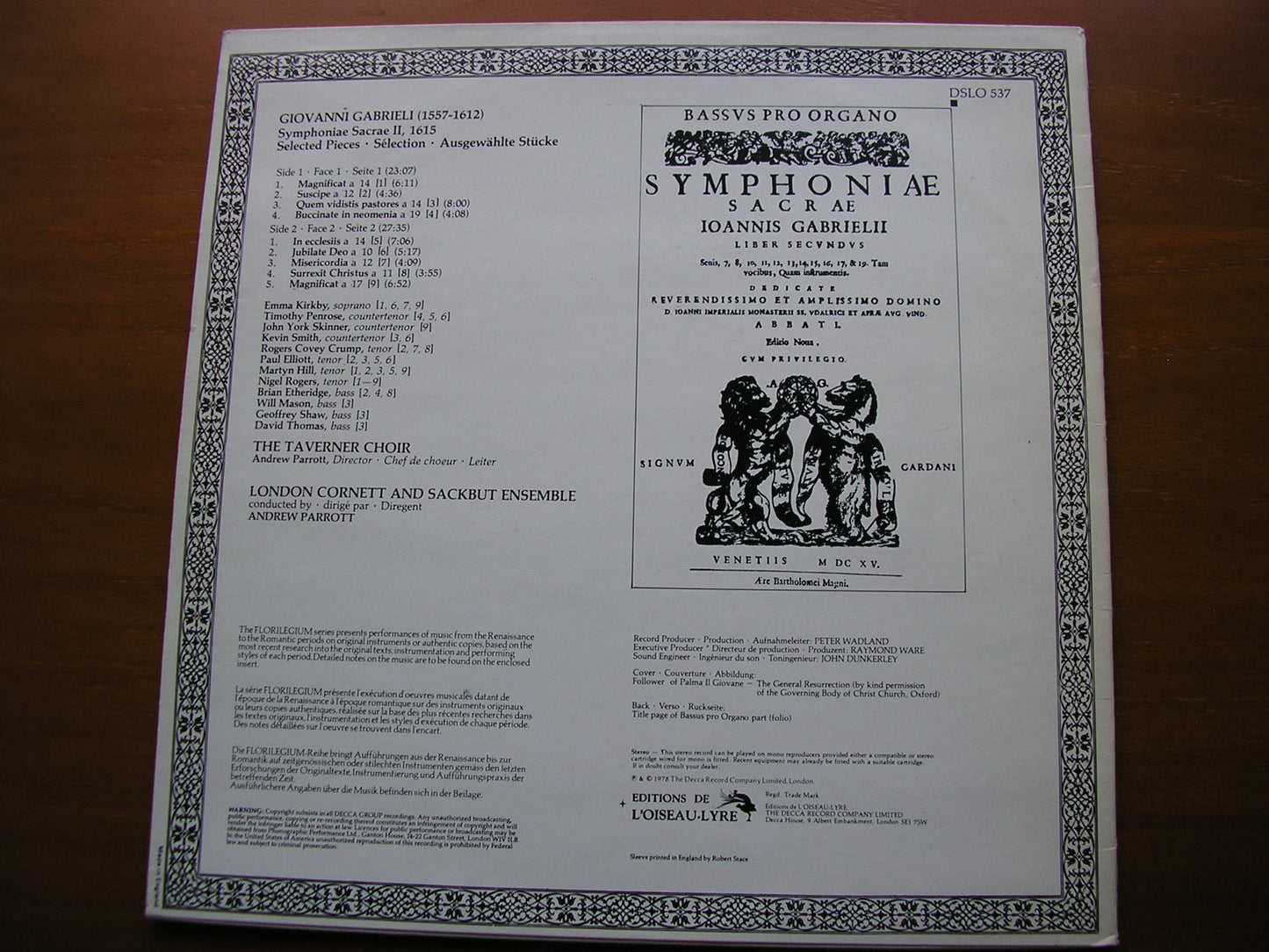 GABRIELI: SYMPHONIAE SACRE II  1615     THE TAVERNER CHOIR / LONDON CORNETT & SACKBUT ENSEMBLE / PARROTT      DSLO 537