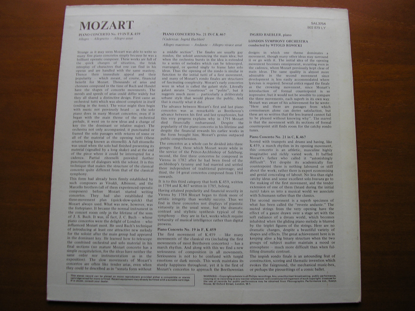 MOZART: PIANO CONCERTOS Nos. 21 & 19     HAEBLER / LONDON SYMPHONY / ROWICKI     SAL 3754