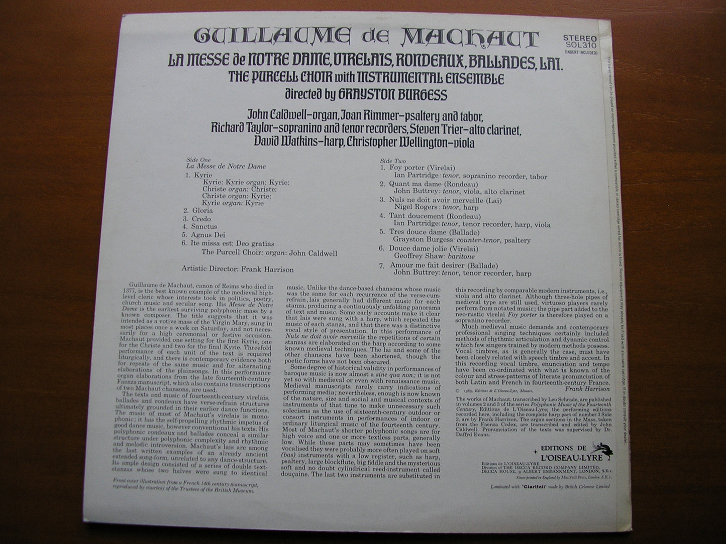 GUILLAME DE MACHAUT: LA MESSE DE NOTRE DAME / VIRELAIS / RONDEAUX / BALLADES    SOLOISTS / PURCELL CHOIR & ENSEMBLE / BURGESS    SOL 310