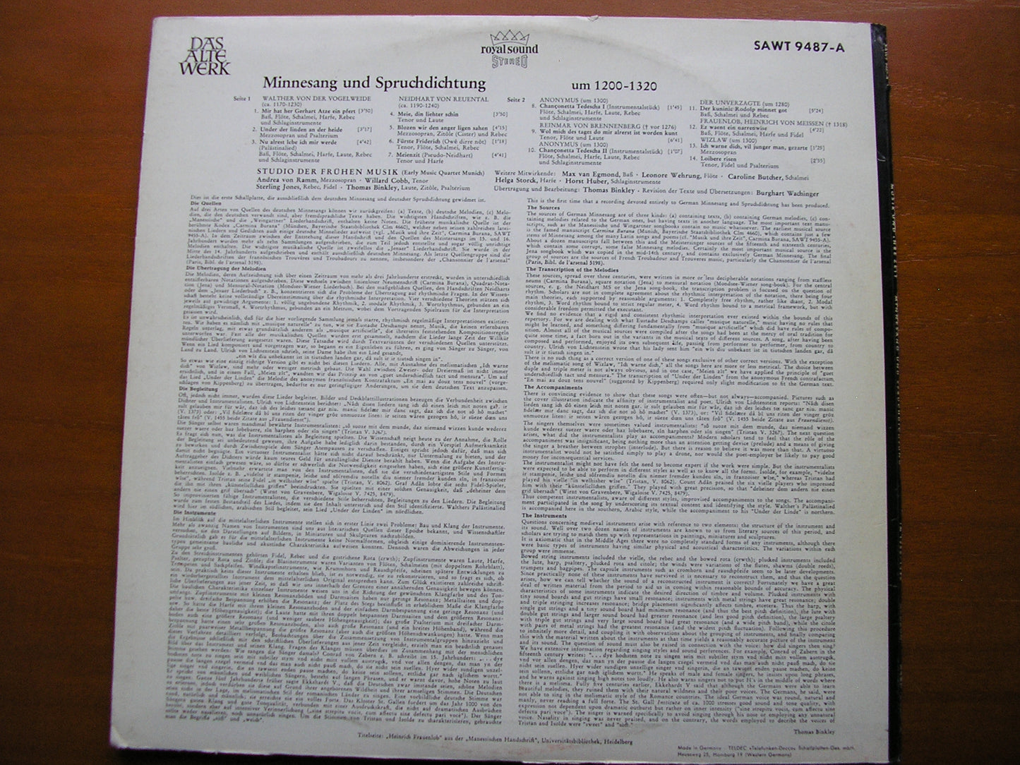 MINNESANG & SPRUCHDICHTUNG 1200-1320     STUDIO OF EARLY MUSIC / BINKLEY     SAWT 9487