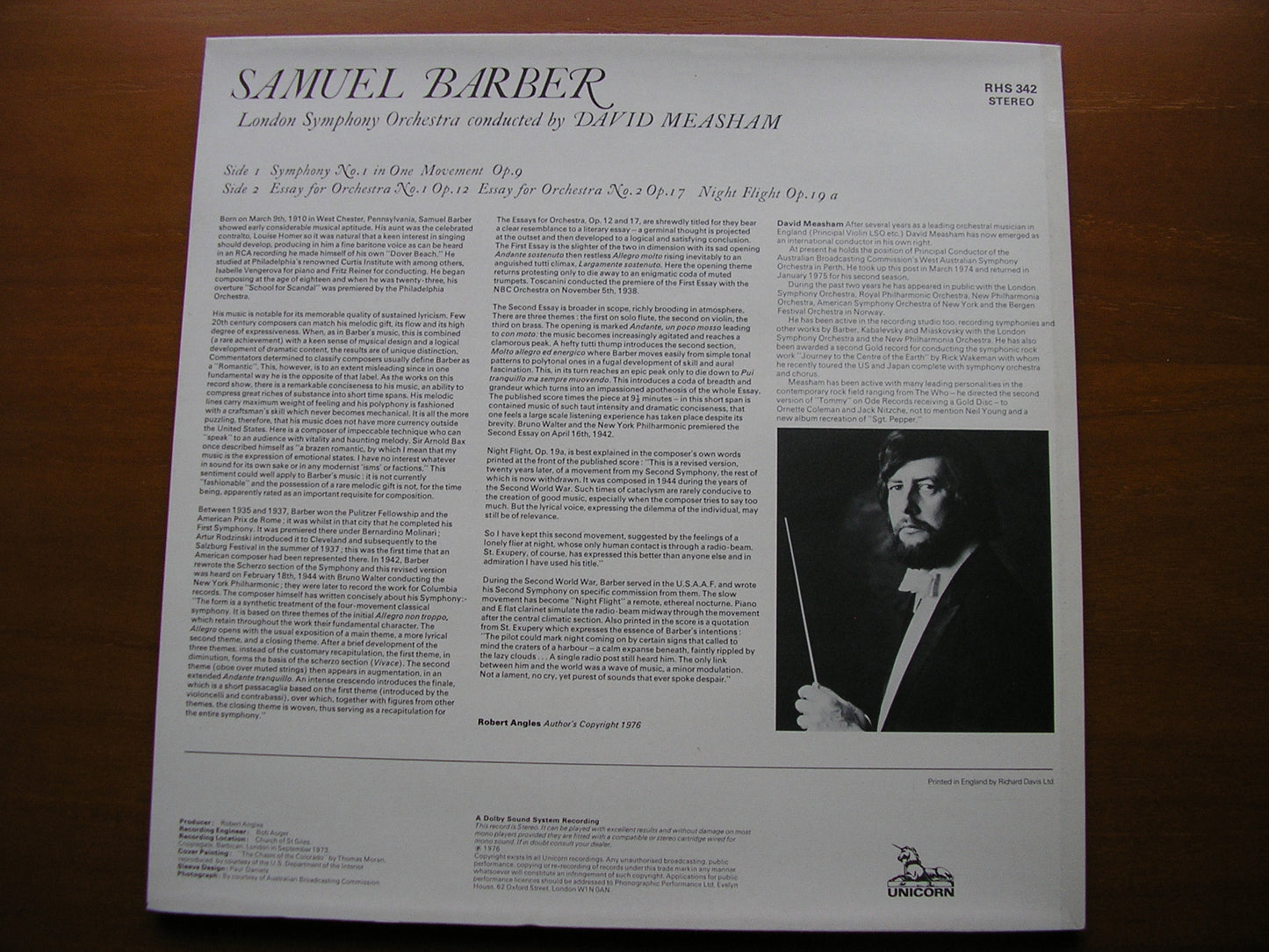 BARBER: SYMPHONY No. 1 / ESSAYS FOR ORCHESTRA Nos. 1 & 2 / NIGHT FLIGHT MEASHAM / LONDON SYMPHONY RHS 342