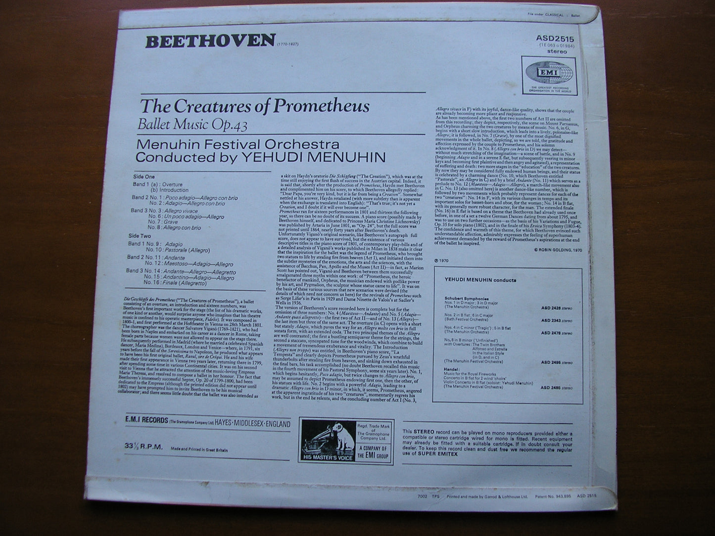 BEETHOVEN: THE CREATURES OF PROMETHEUS       MENUHIN FESTIVAL ORCHESTRA / MENUHIN     ASD 2515