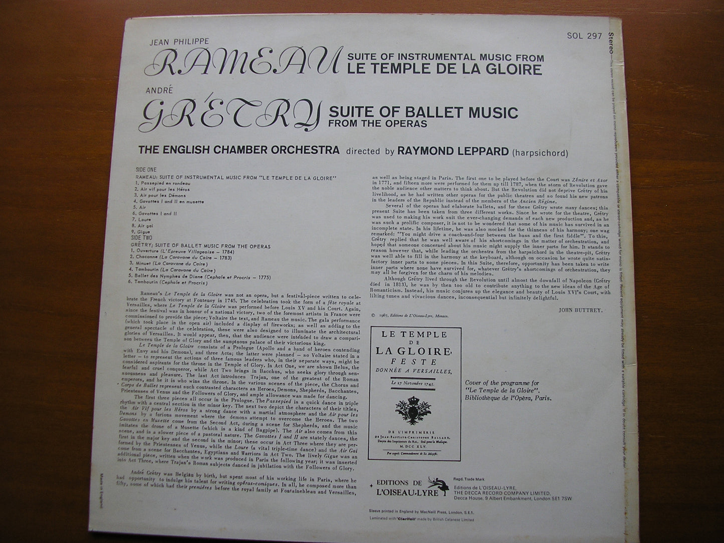 RAMEAU: LA TEMPLE DE LA GLOIRE / GRETRY: SUITE OF BALLET MUSIC    ENGLISH CHAMBER ORCHESTRA / LEPPARD    SOL 297