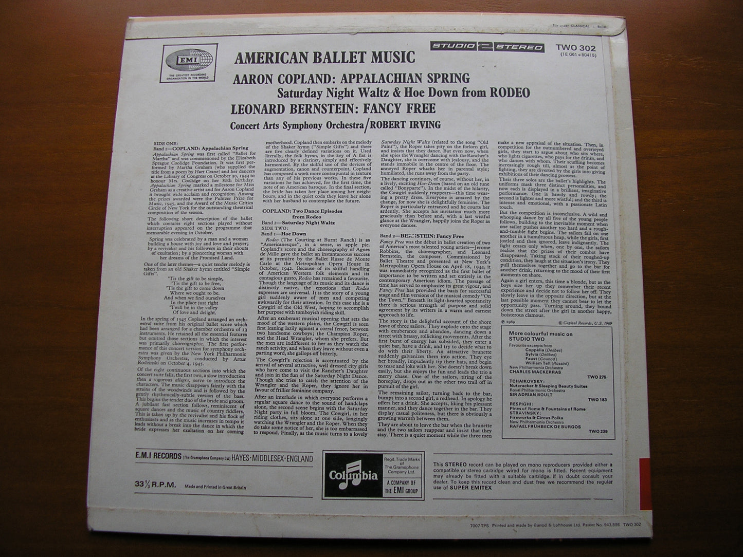 AMERICAN BALLET MUSIC   COPLAND: APPALACHIAN SPRING / RODEO / BERNSTEIN: FANCY FREE      CONCERT ARTS ORCHESTRA / IRVING     TWO 302