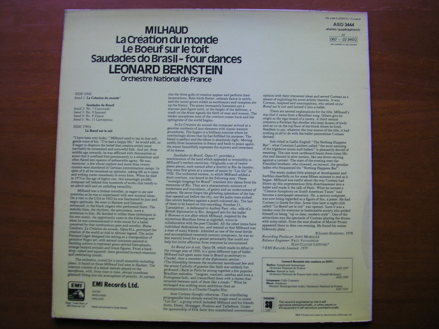 MILHAUD: LA CREATION DU MONDE / LE BOEUF SUR LE TOIT / SAUDADES DANCES        BERNSTEIN / FRENCH NATIONAL ORCHESTRA    ASD 3444