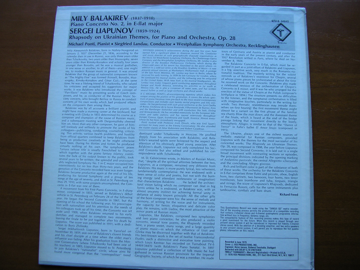 BALAKIREV: PIANO CONCERTO / LIAPUNOV: RHAPSODY PONTI / WESTPHALIAN SYMPHONY / LANDAU QTVS 34645
