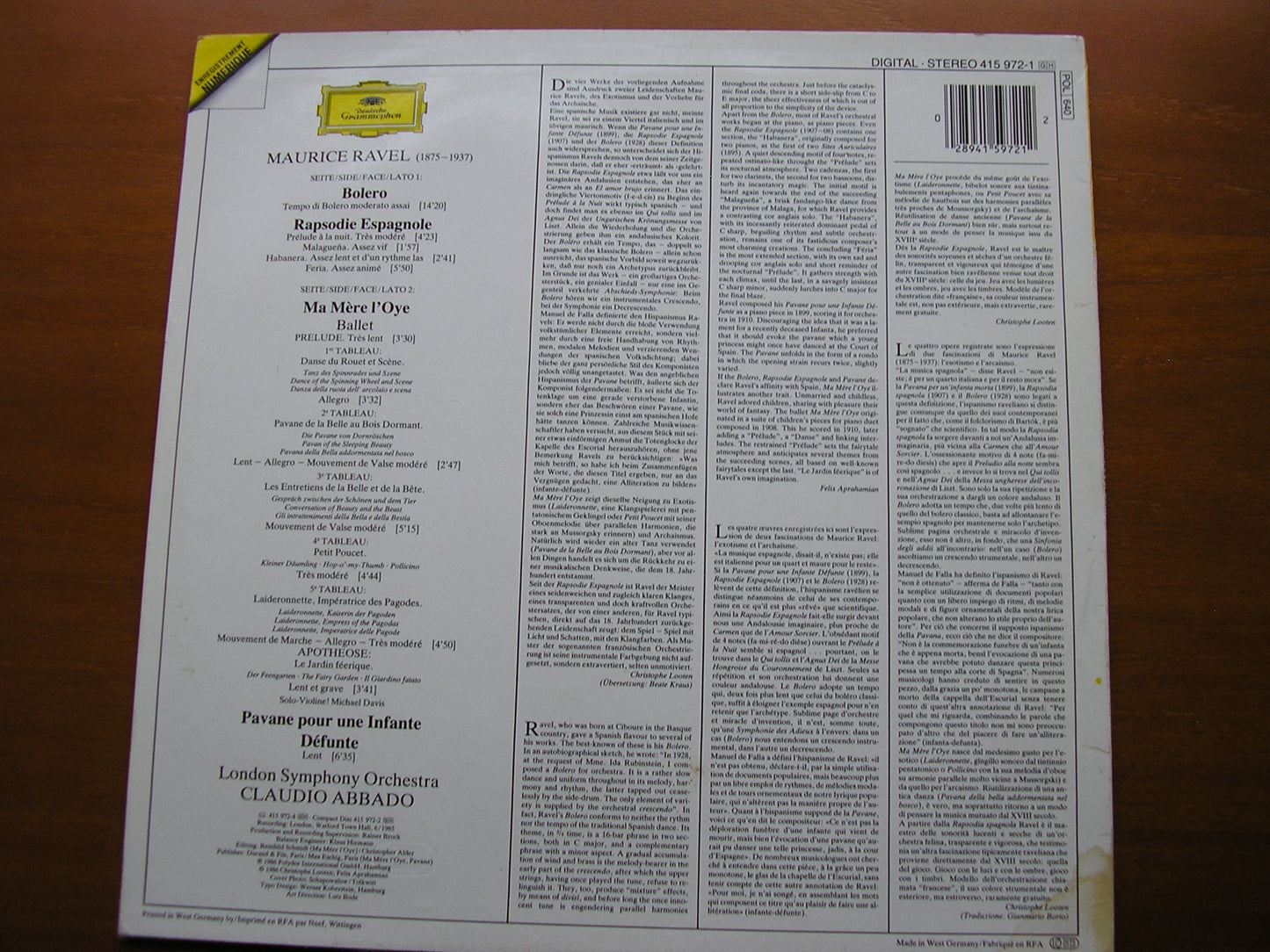 RAVEL: BOLERO / MA MERE L'OYE / RAPSODIE / PAVANE ABBADO / LONDON SYMPHONY 415 972