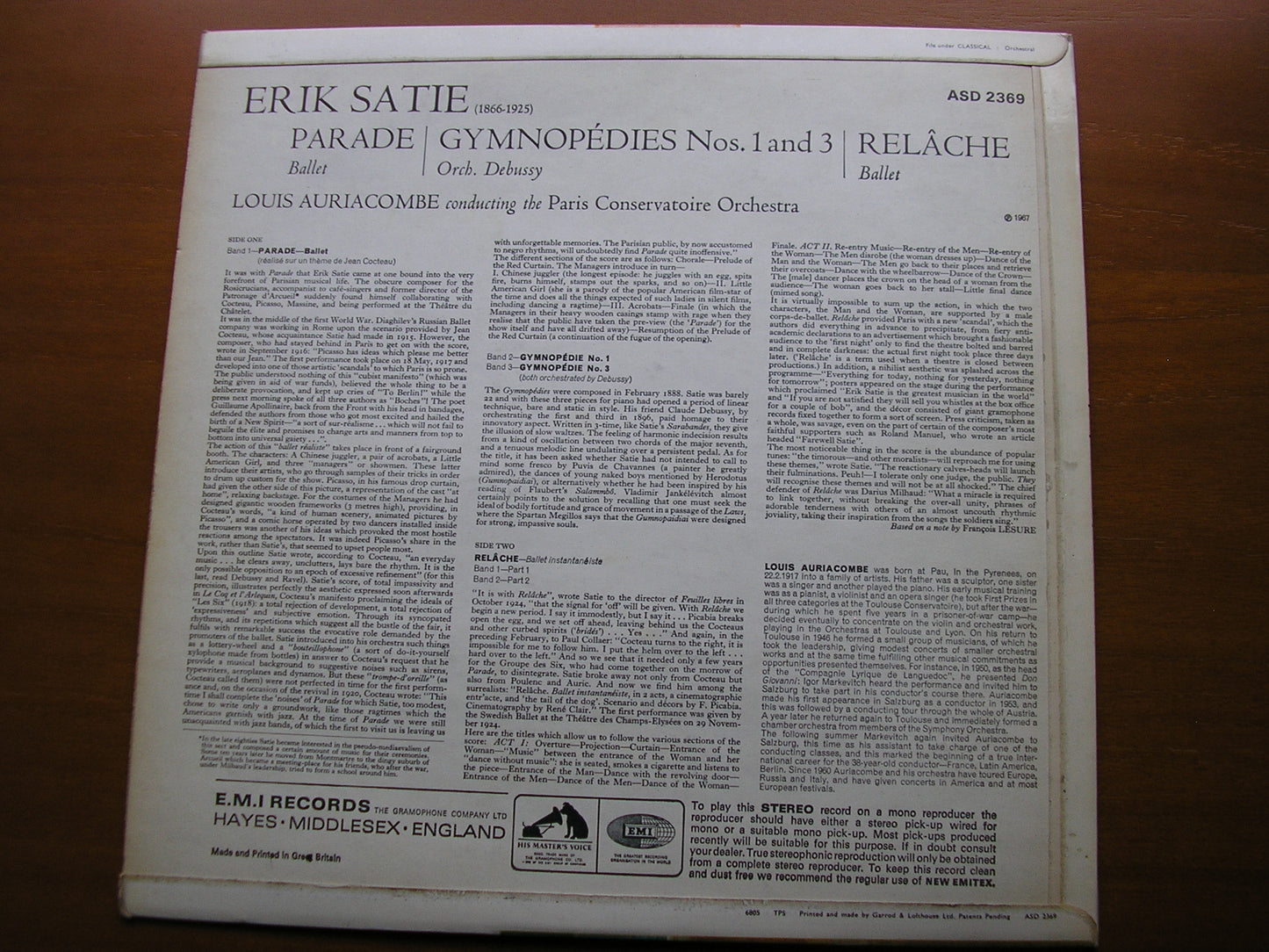 SATIE: RELACHE / PARADE / GYMNOPEDIES 1 & 3      AURIACOMBE / PARIS CONSERVATOIRE     ASD 2369