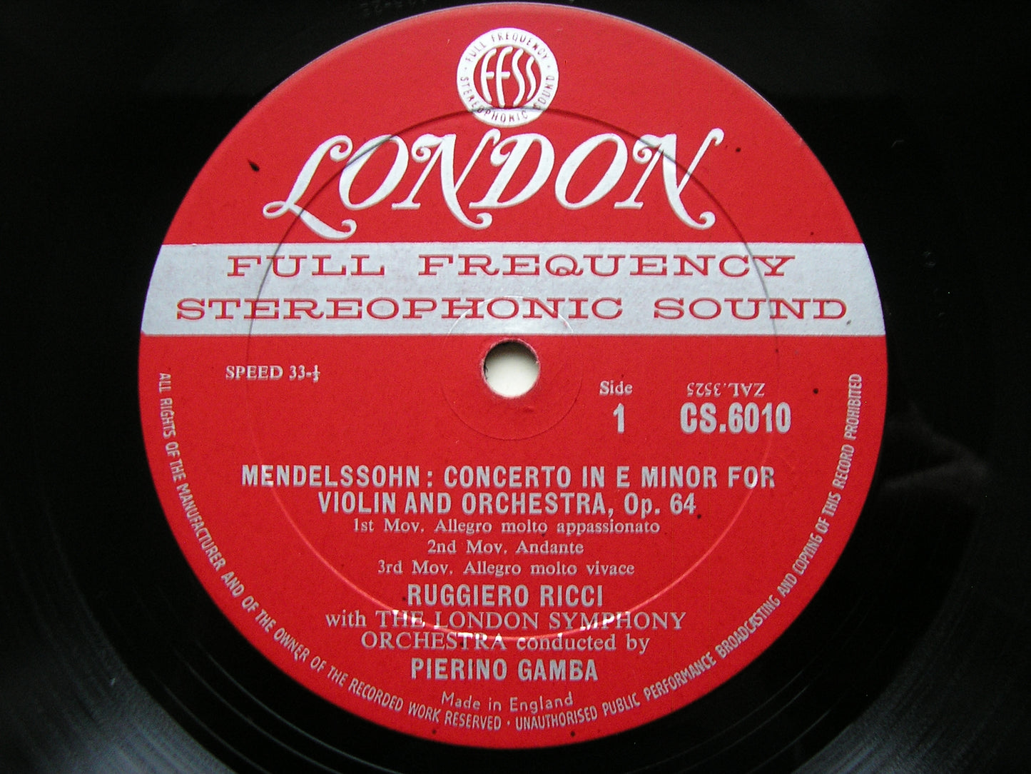 MENDELSSOHN & BRUCH: VIOLIN CONCERTOS     RICCI / LONDON SYMPHONY / GAMBA     CS 6010