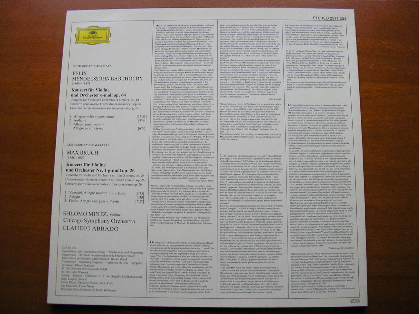 MENDELSSOHN & BRUCH: VIOLIN CONCERTOS MINTZ / CHICAGO SYMPHONY / ABBADO 2531 304