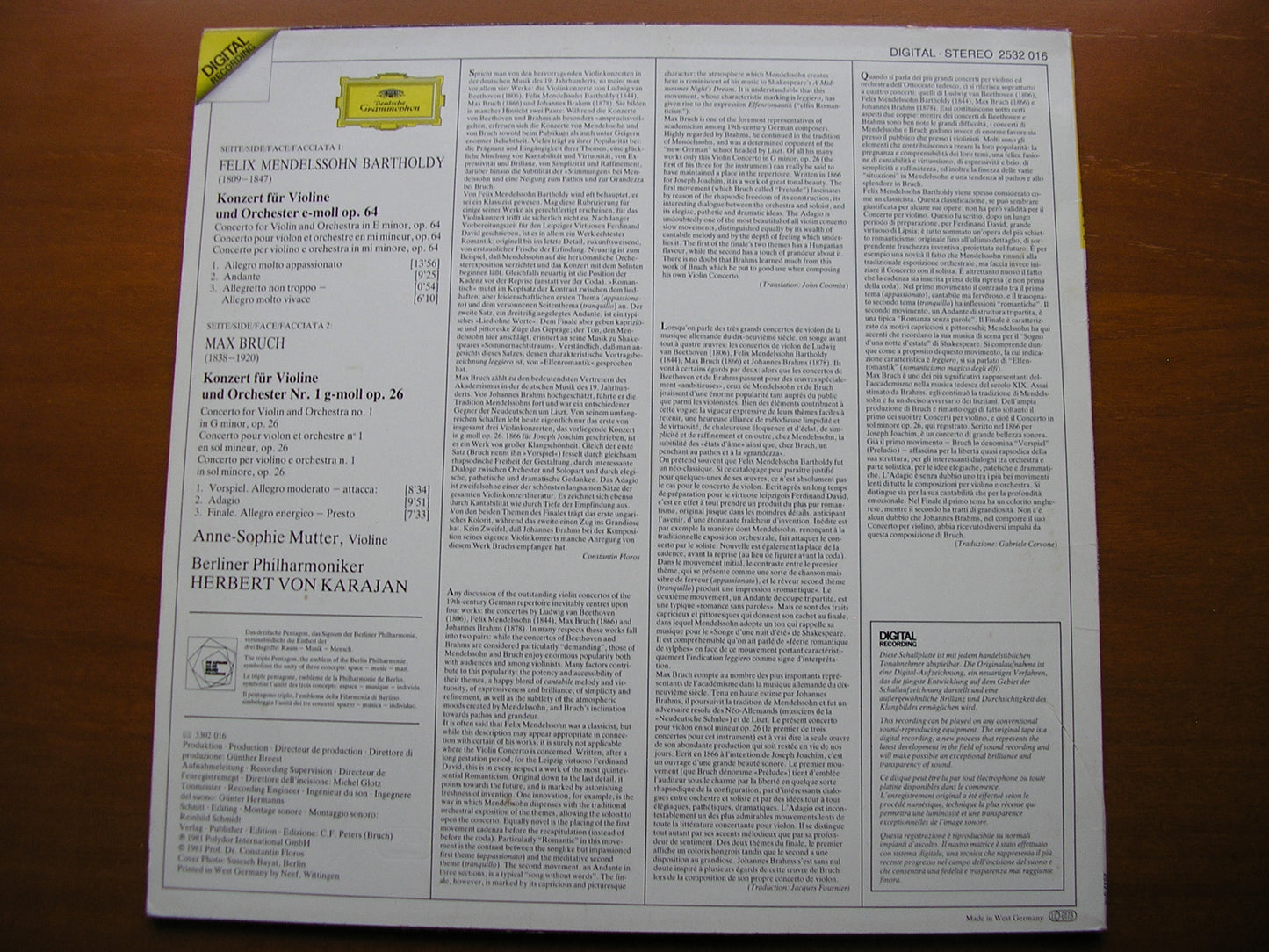 MENDELSSOHN & BRUCH: VIOLIN CONCERTOS MUTTER / BERLIN PHILHARMONIC ORCHESTRA / KARAJAN 2532 016