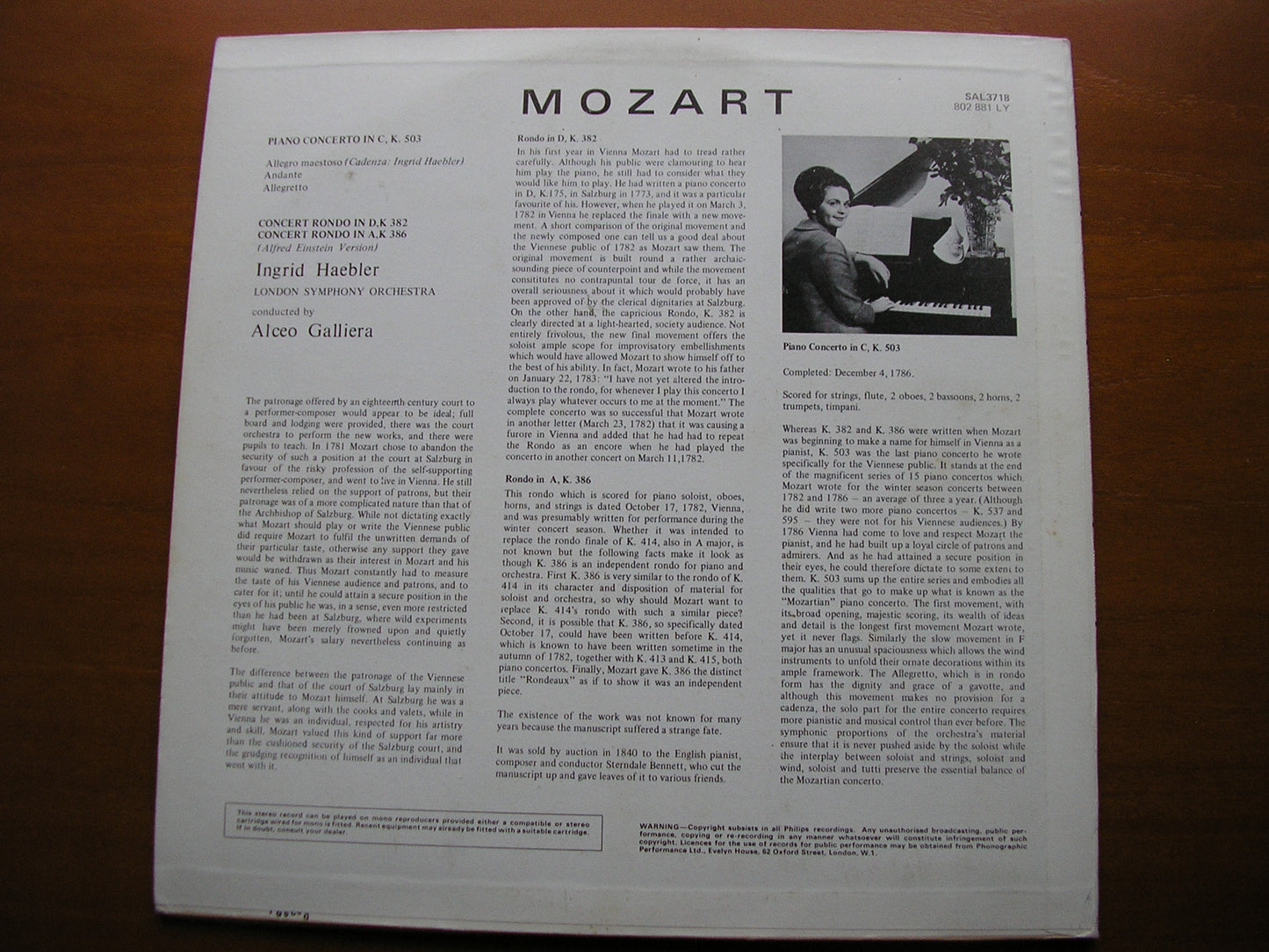 MOZART: PIANO CONCERTO No. 25 / RONDOS K382 & K386    HAEBLER / LONDON SYMPHONY / GALLIERA     SAL 3718
