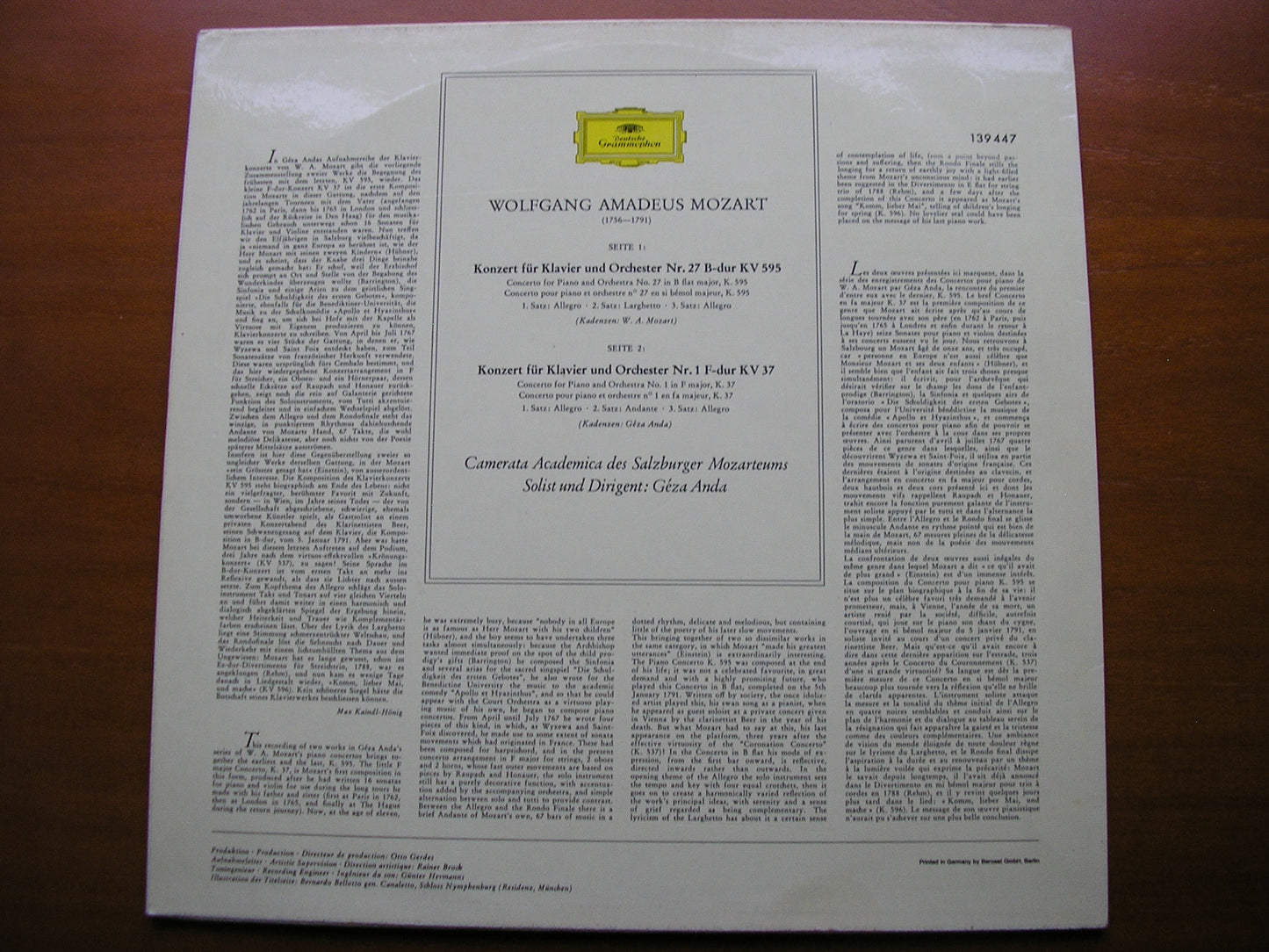MOZART: PIANO CONCERTOS Nos. 27 & 1      GEZA ANDA / CAMERATA ACADEMICA DES SALBURGER MOZARTEUMS     139 447