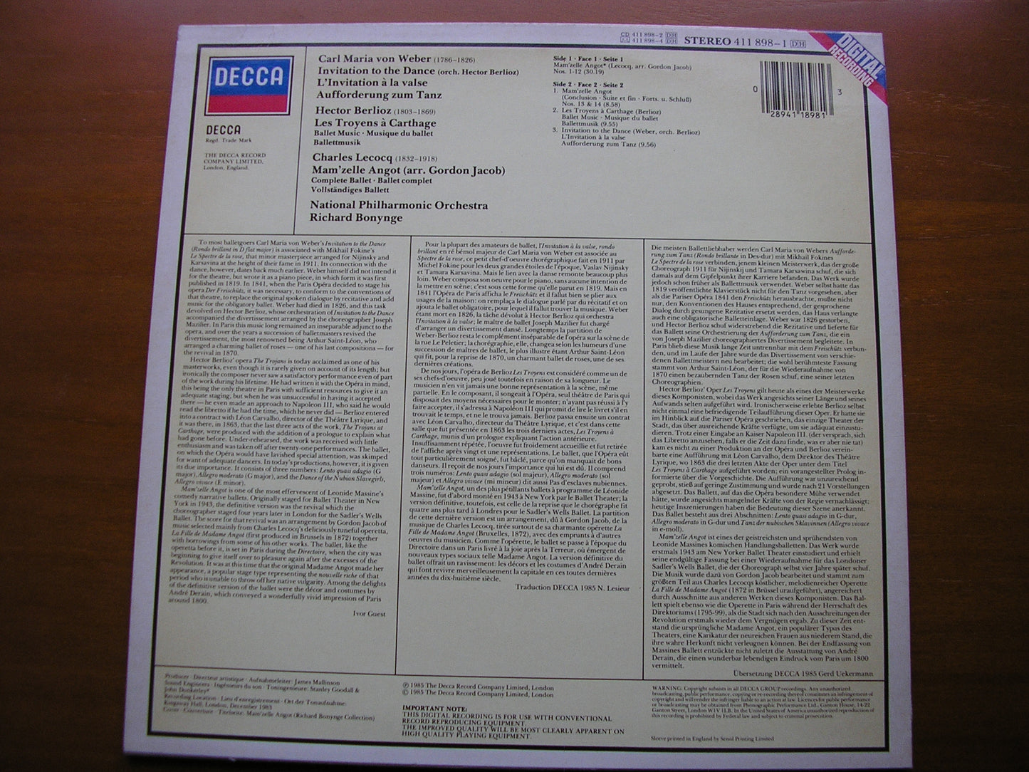 WEBER / BERLIOZ / LECOCQ: BALLET MUSIC BONYNGE / NATIONAL PHILHARMONIC 411 898