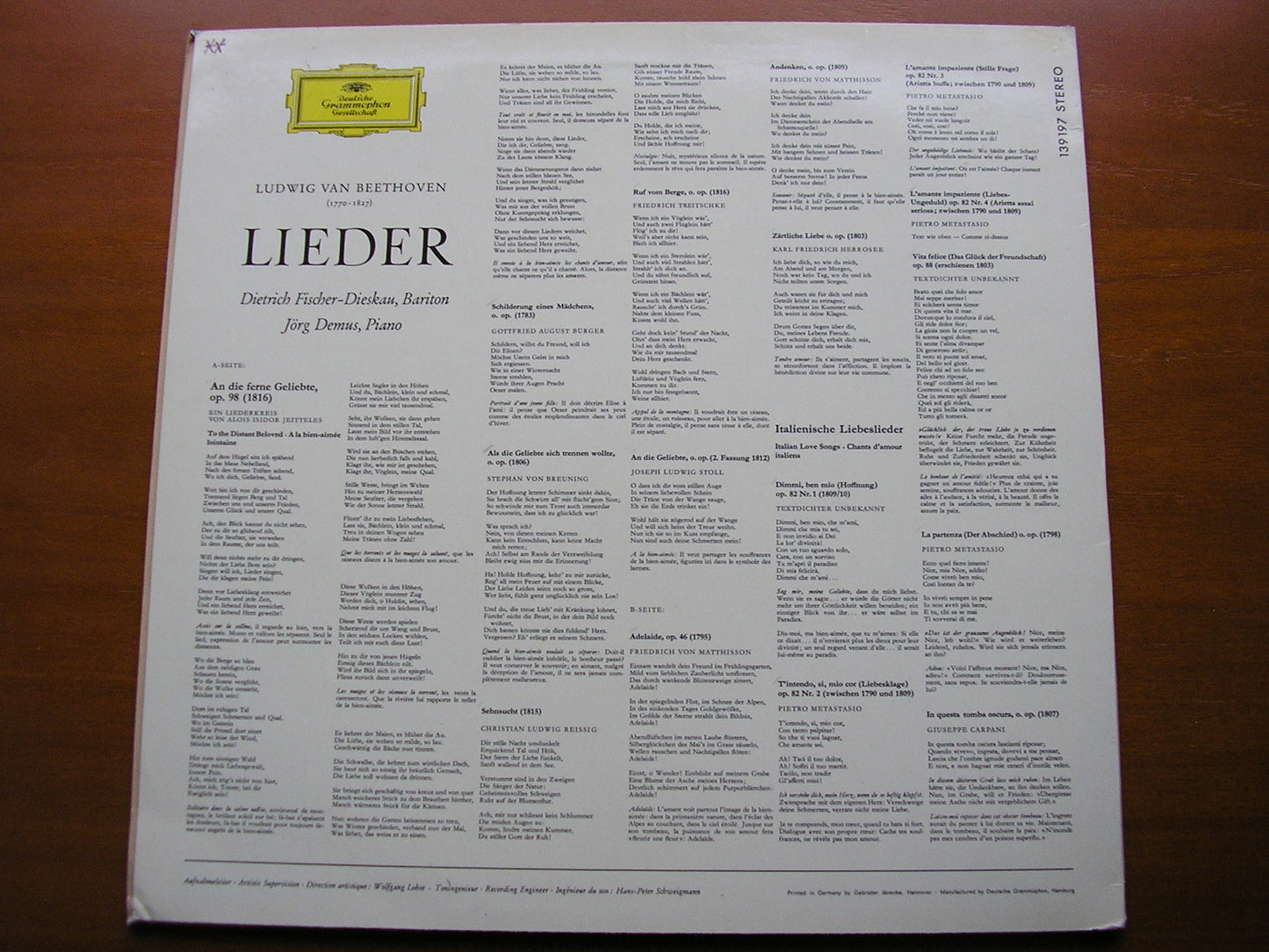 BEETHOVEN: AN DIE FERNE GELIEBTE / ADELAIDE / SONGS FISCHER-DIESKAU / DEMUS 139 197
