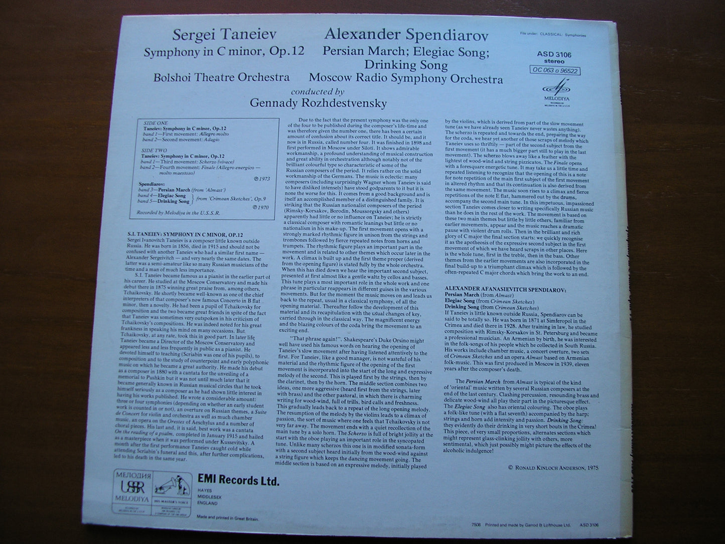 TANEIEV: SYMPHONY in C / SPENDIAROV: ORCHESTRAL WORKS    BOLSHOI ORCHESTRA / MOSCOW RADIO SYMPHONY / ROZHDESTVENSKY    ASD 3106