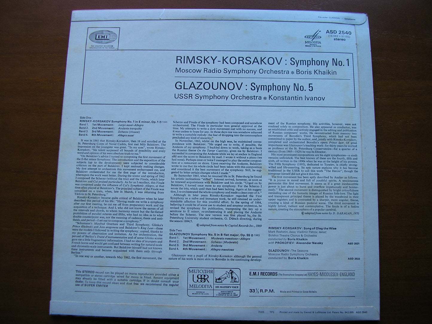 RIMSKY-KORSAKOV: SYMPHONY No. 1 / GLAZOUNOV: SYMPHONY No. 5    USSR SYMPHONY / IVANOV / MOSCOW RADIO SYMPHONY / KHAIKIN     ASD 2540