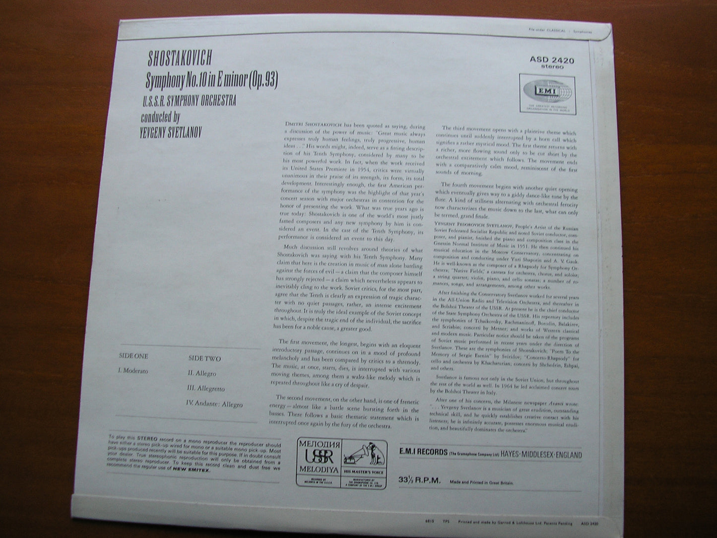 SHOSTAKOVICH: SYMPHONY No. 10     SVETLANOV / USSR SYMPHONY     ASD 2420