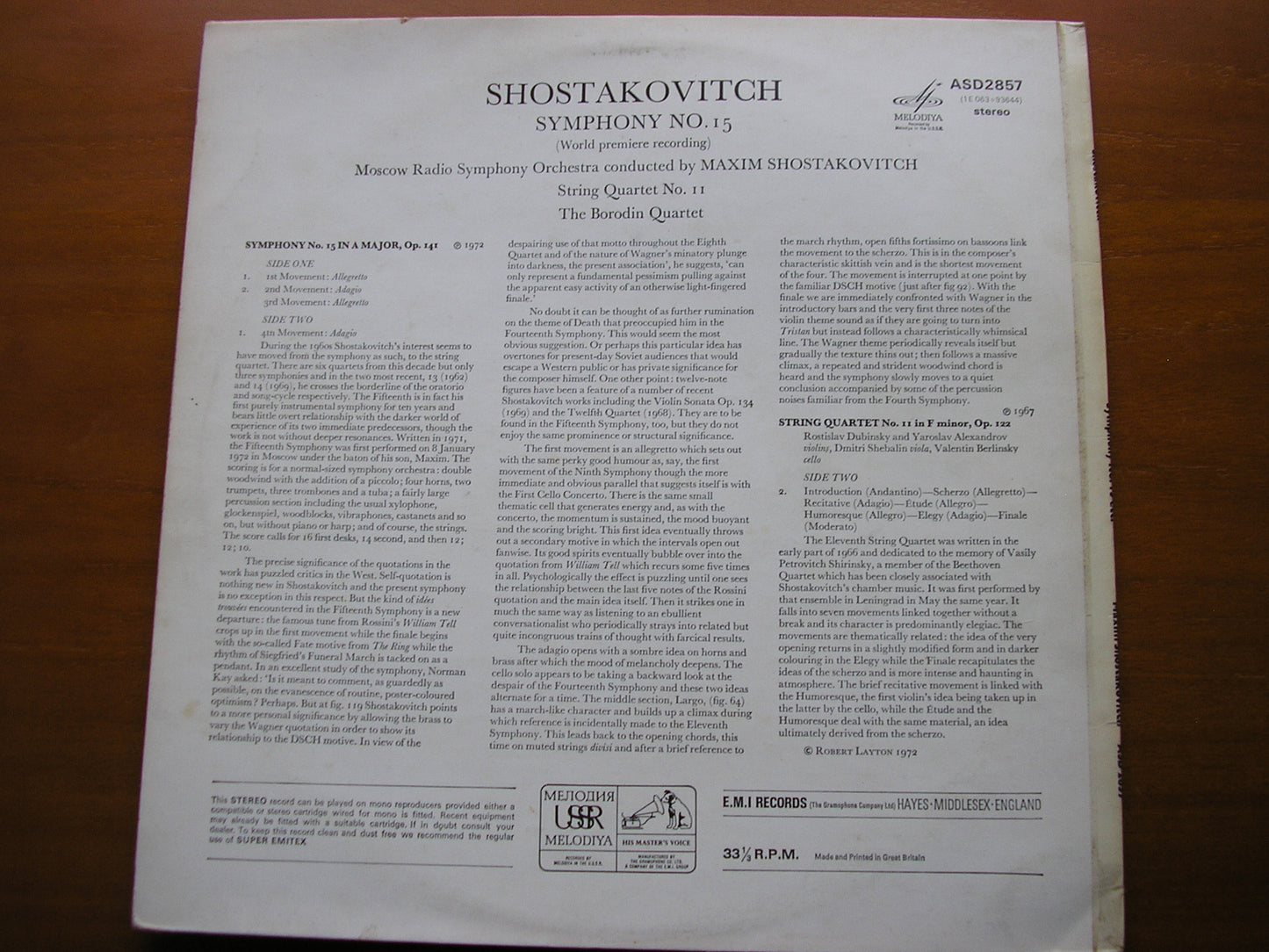 SHOSTAKOVICH: SYMPHONY No. 15 / STRING QUARTET No. 11     MAXIM SHOSTAKOVICH / MOSCOW RADIO SYMPHONY / BORODIN QUARTET      ASD 2857