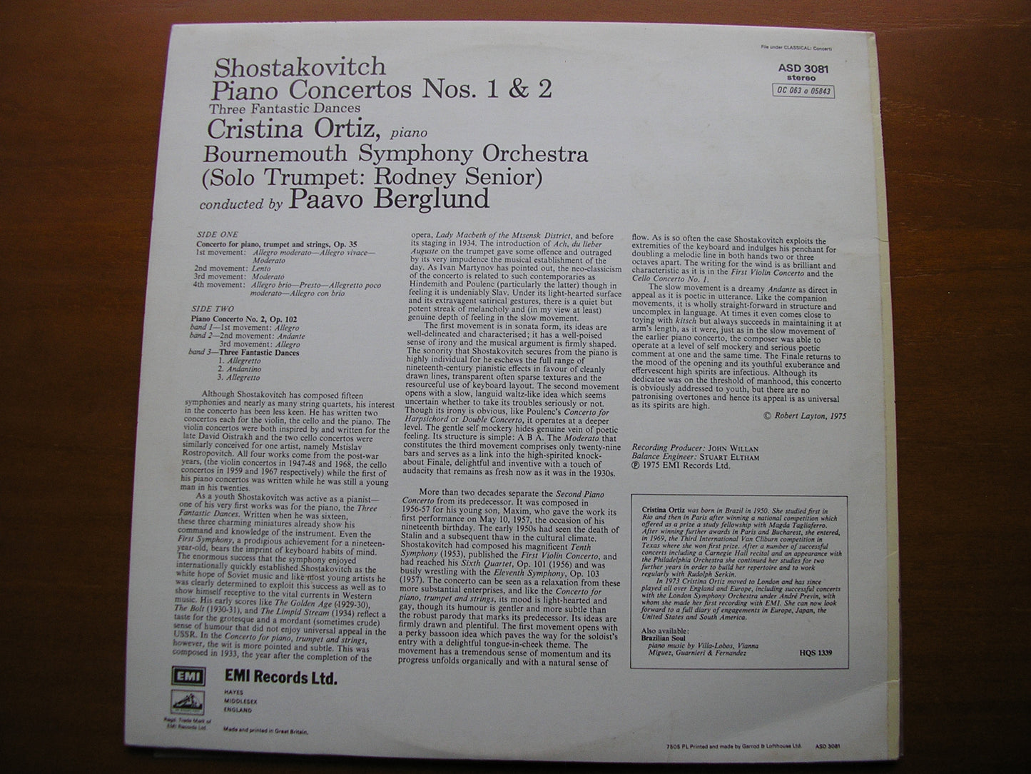 SHOSTAKOVICH: PIANO CONCERTOS Nos. 1 & 2     ORTIZ / BOURNEMOUTH SYMPHONY / BERGLUND     ASD 3081