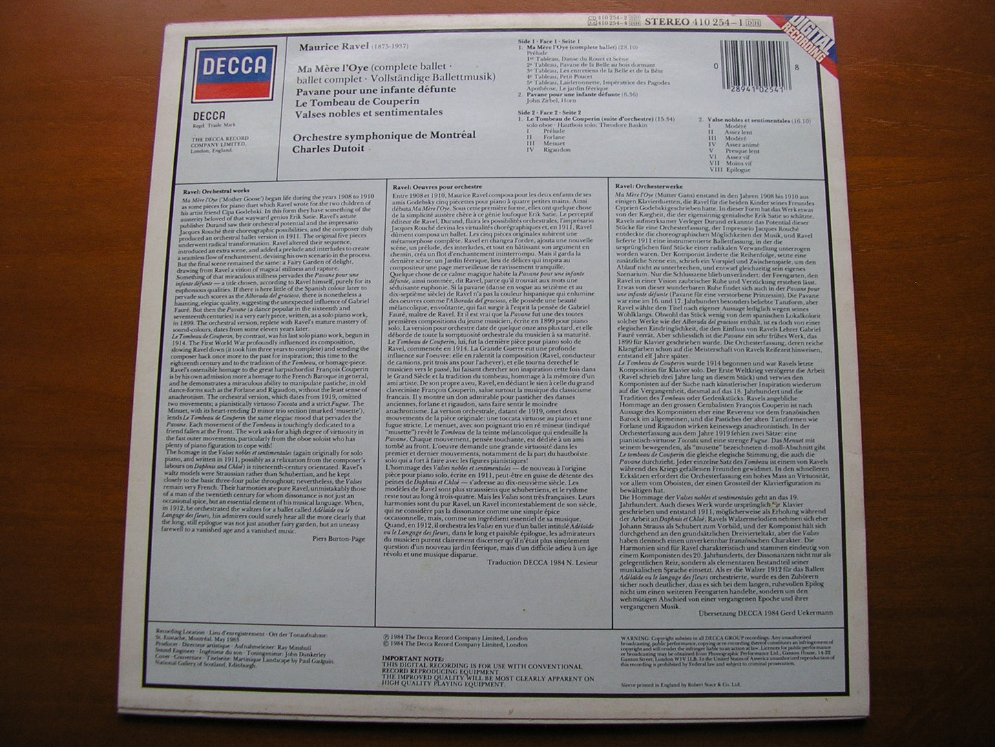 RAVEL: MA MERE L'OYE / LE TOMBEAU DE COUPERIN / VALSES NOBLES ET SENTIMENTALE DUTOIT / MONTREAL SYMPHONY 410 254