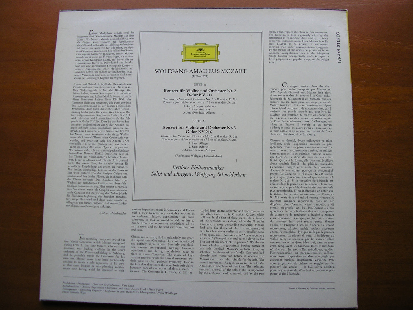 MOZART: VIOLIN CONCERTOS Nos. 2 & 3 SCHNEIDERHAN / BERLIN PHILHARMONIC 139 445