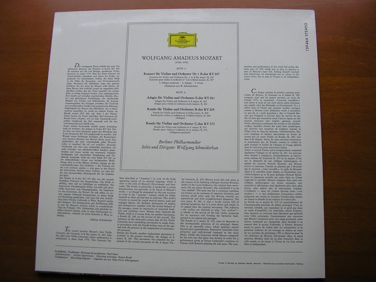 MOZART: VIOLIN CONCERTO No. 1 / ADAGIO K261 / RONDOS K269 & K373 SCHNEIDERHAN / BERLIN PHILHARMONIC 139 464