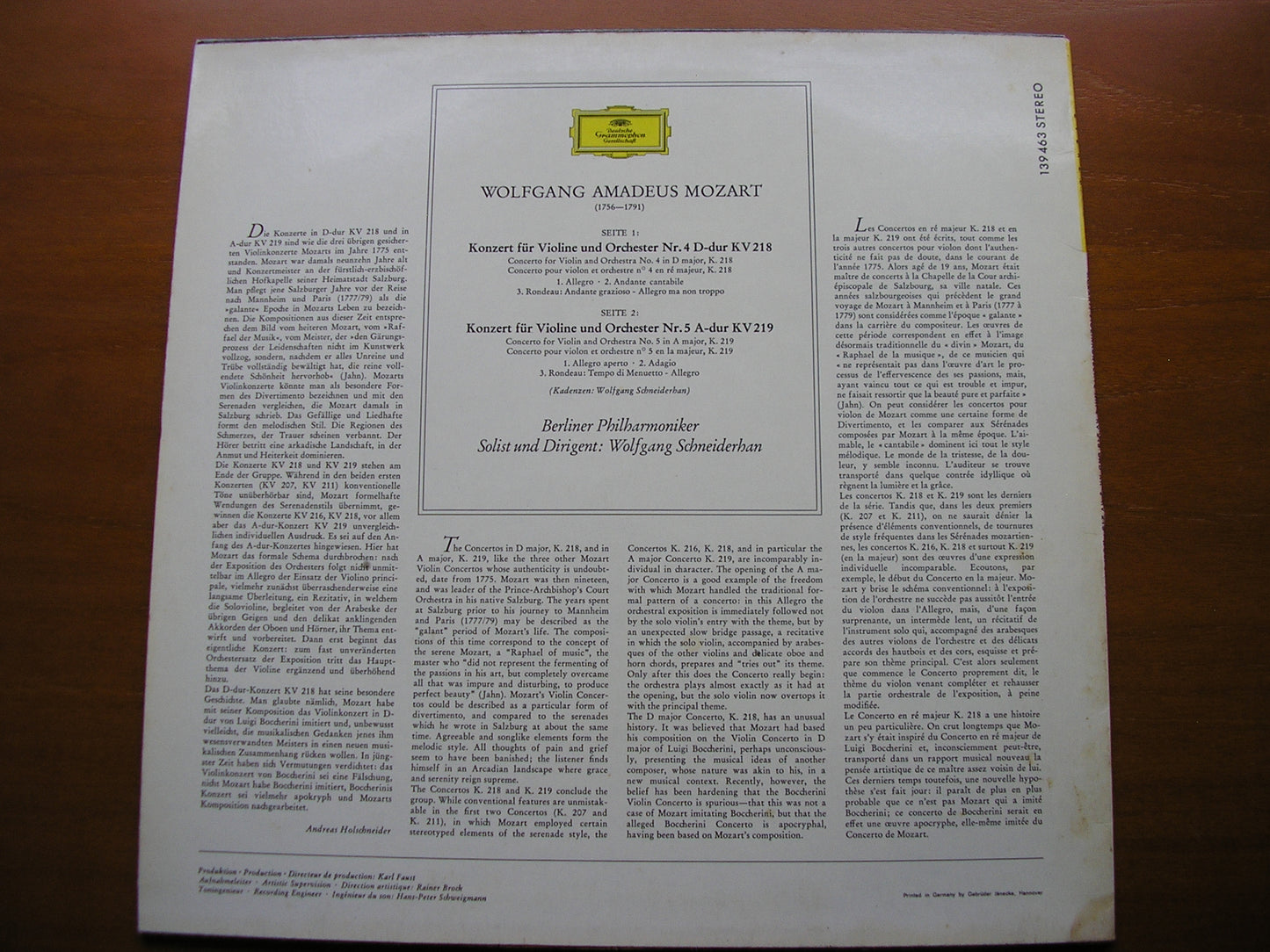 MOZART: VIOLIN CONCERTOS Nos. 4 & 5 SCHNEIDERHAN / BERLIN PHILHARMONIC 139 463