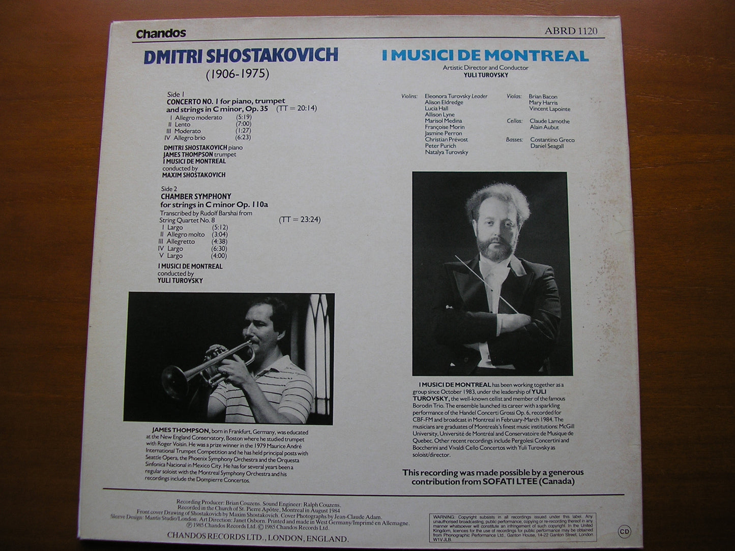 SHOSTAKOVICH: PIANO CONCERTO No. 1 / CHAMBER SYMPHONY Op. 110a      DMITRI SHOSTAKOVICH / I MUSICI DE MONTREAL / TUROVSKY      ABRD 1120