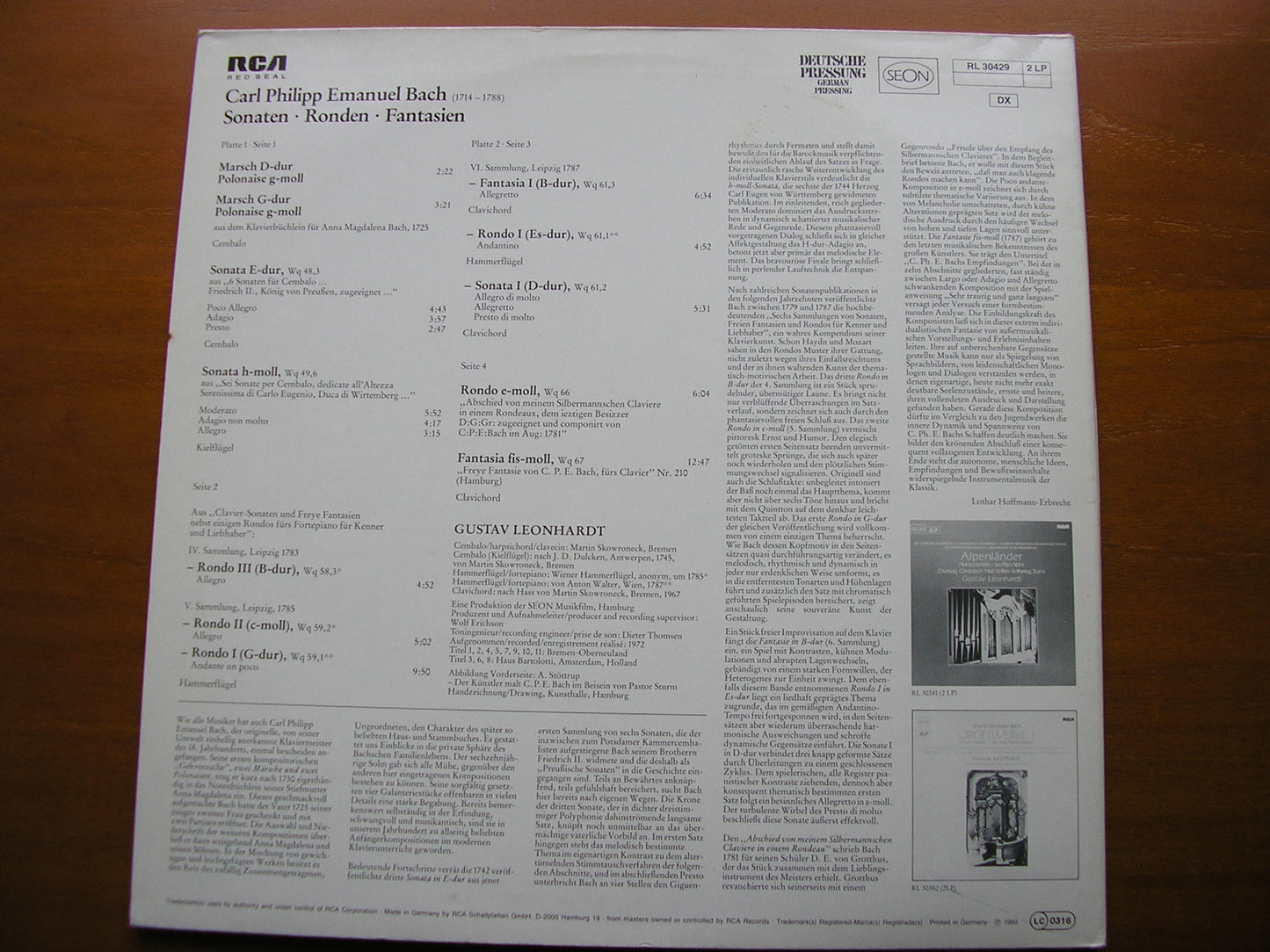 C P E BACH: SONATAS / RONDOS / FANTASIAS LEONHARDT 2LP RL 30429