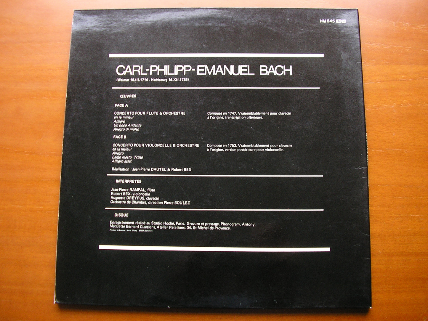 C P E BACH: FLUTE CONCERTO / CELLO CONCERTO RAMPAL / BEX / DREYFUS / CHAMBER ORCHESTRA / BOULEZ HM 545