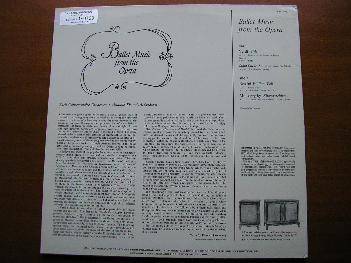 BALLET MUSIC FROM THE OPERA: ROSSINI / MUSSORGSKY / VERDI / SAINT-SAENS FISTOULARI / PARIS CONSERVATOIRE LSC 2400