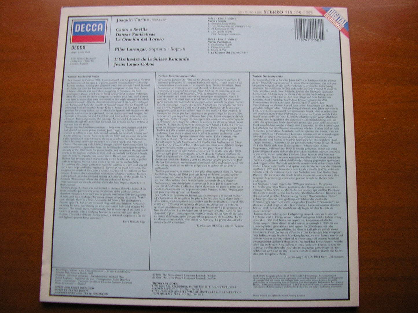 TURINA: DANZAS FANTASTICAS / CANTO A SEVILLA / LA ORACION DEL TORERO LOPEZ-COBOS / SUISSE ROMANDE 410 158