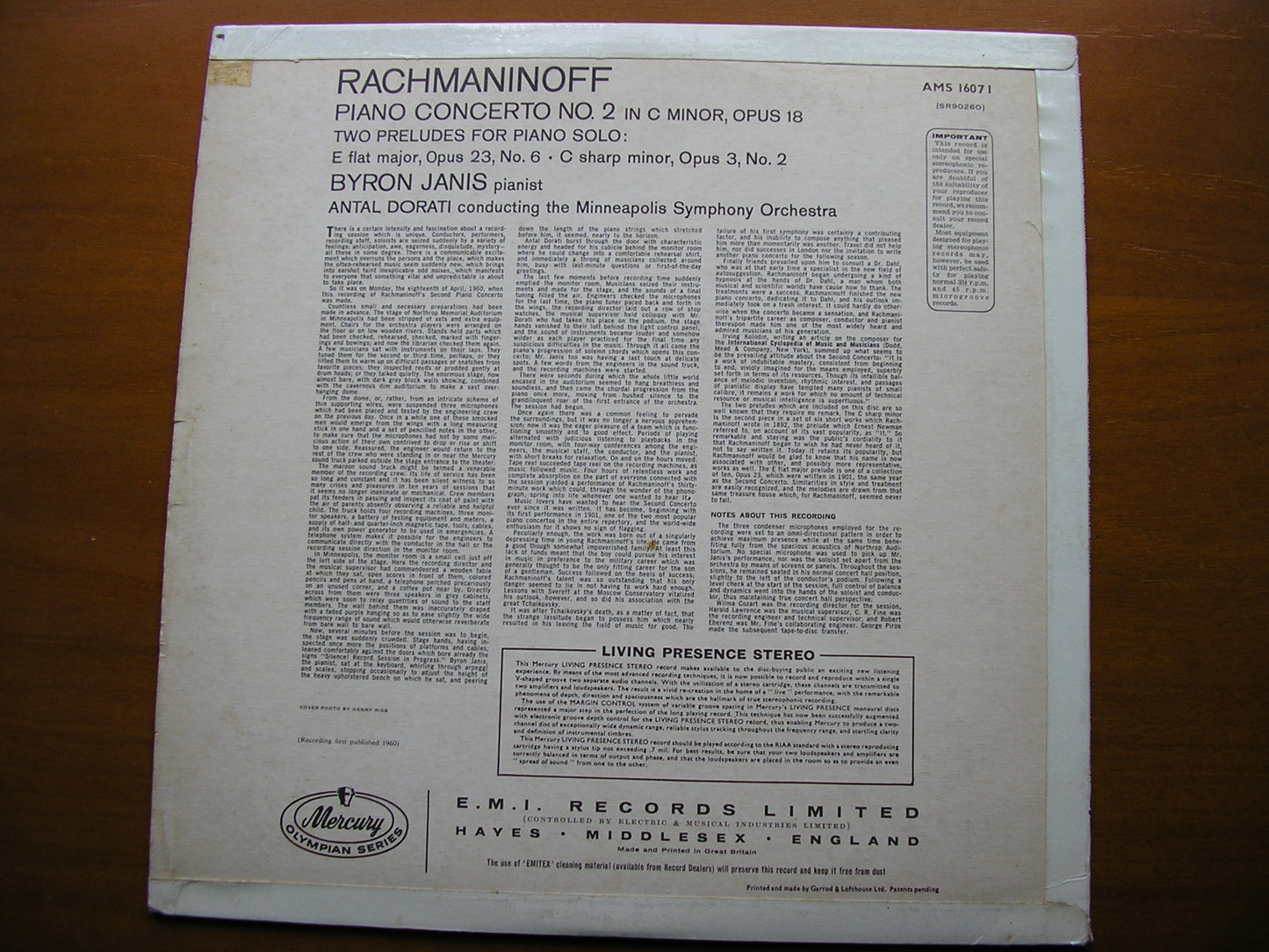RACHMANINOV: PIANO CONCERTO No. 2 JANIS / MINNEAPOLIS SYMPHONY / DORATI AMS 16071
