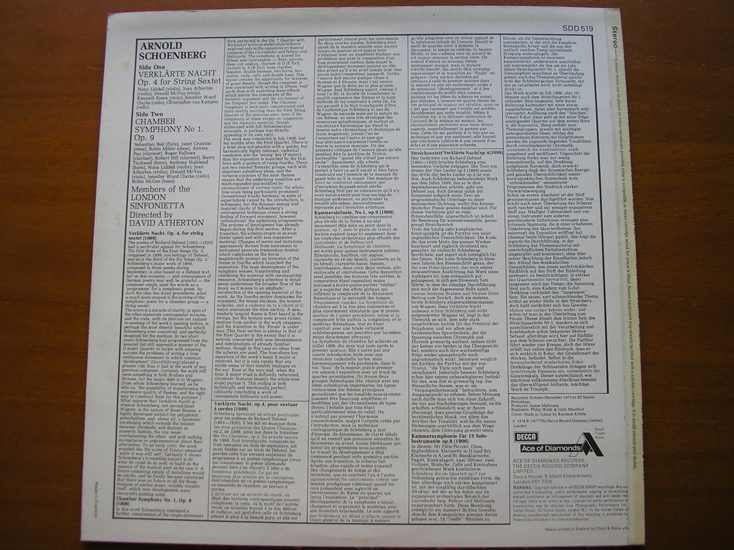 SCHOENBERG: VERKLARTE NACHT / CHAMBER SYMPHONY No. 1      ATHERTON / LONDON SINFONIETTA     SDD 519