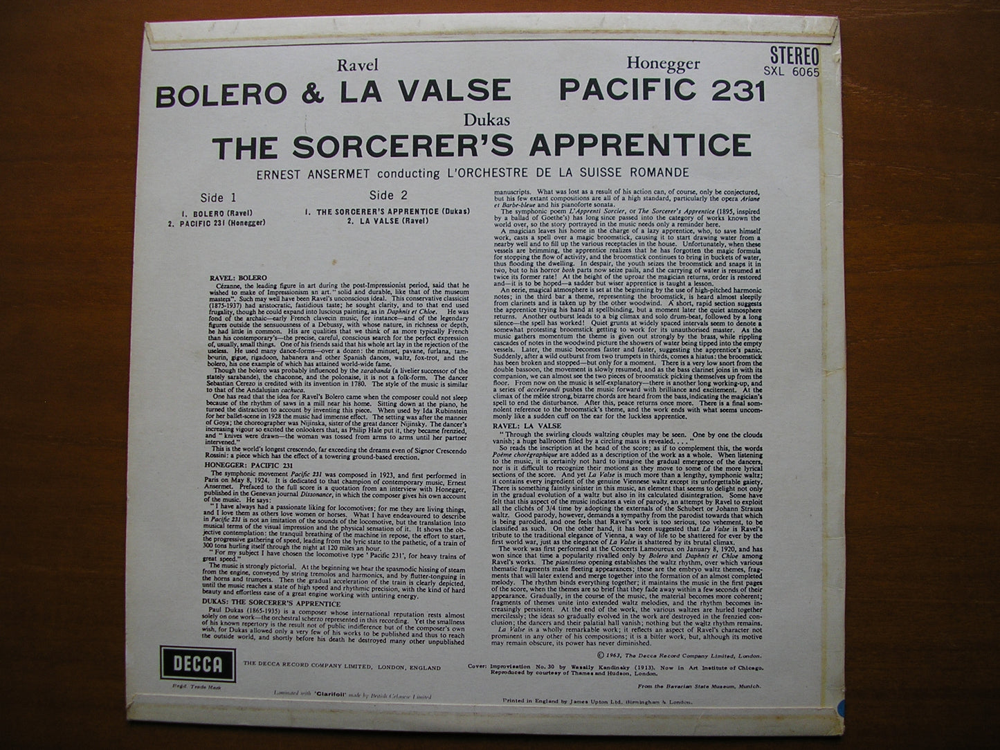 SXL 6065 RAVEL / HONEGGER / DUKAS: ORCHESTRAL WORKS ANSERMET / SUISSE ROMANDE ED1