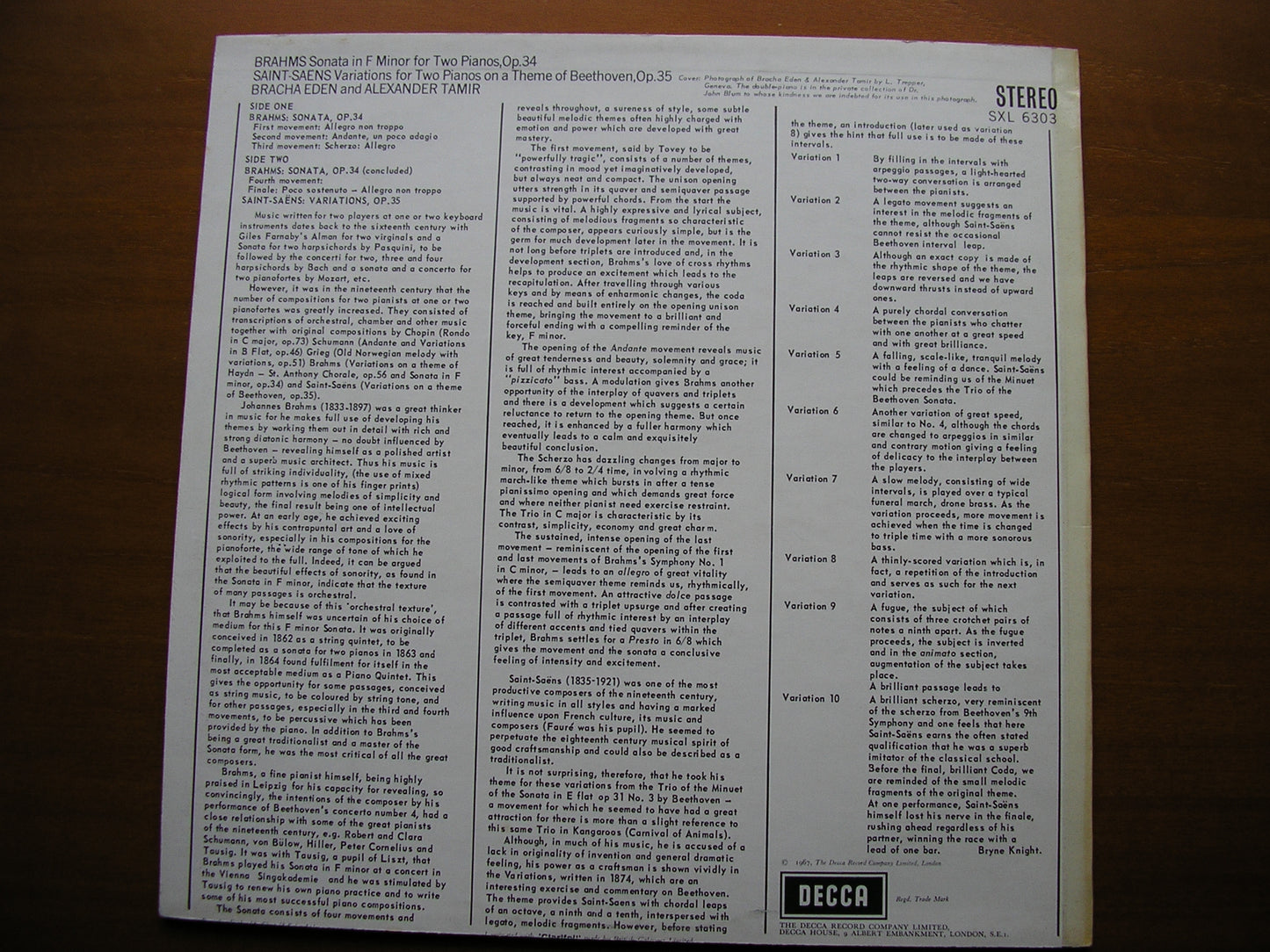 SXL 6303 BRAHMS: SONATA FOR TWO PIANOS / SAINT-SAENS: VARIATIONS EDEN & TAMIR ED2