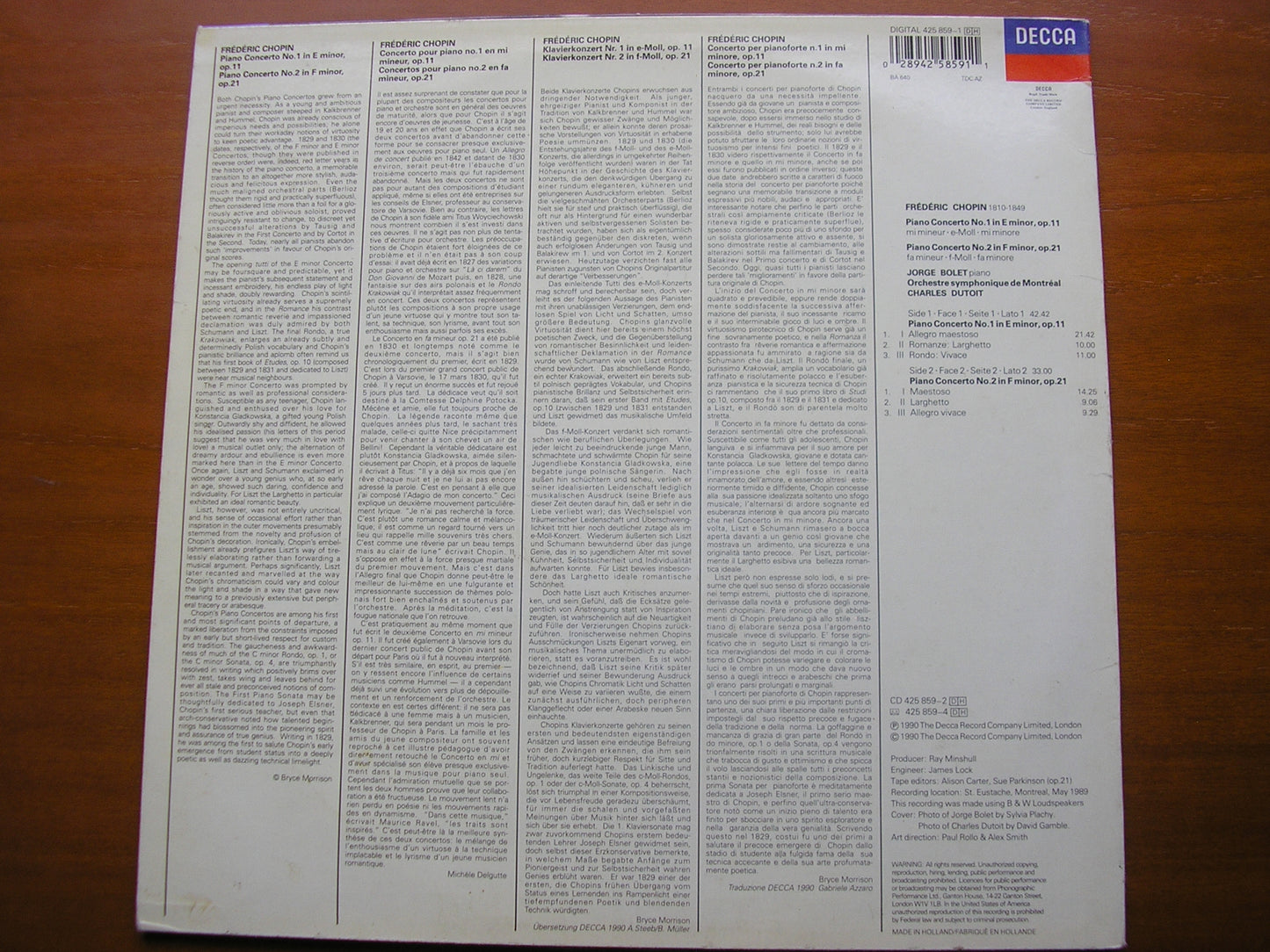 CHOPIN: PIANO CONCERTOS Nos. 1 & 2 BOLET / MONTREAL SYMPHONY / DUTOIT 425 859