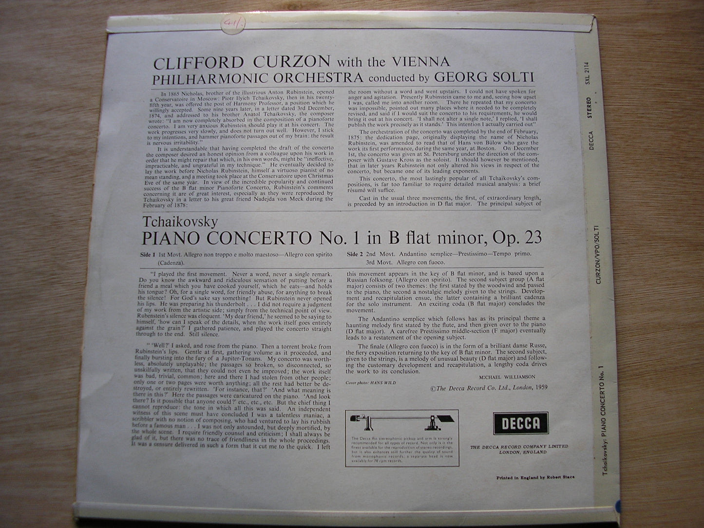 TCHAIKOVSKY: PIANO CONCERTO CURZON / VIENNA PHILHARMONIC / SOLTI SXL 2114