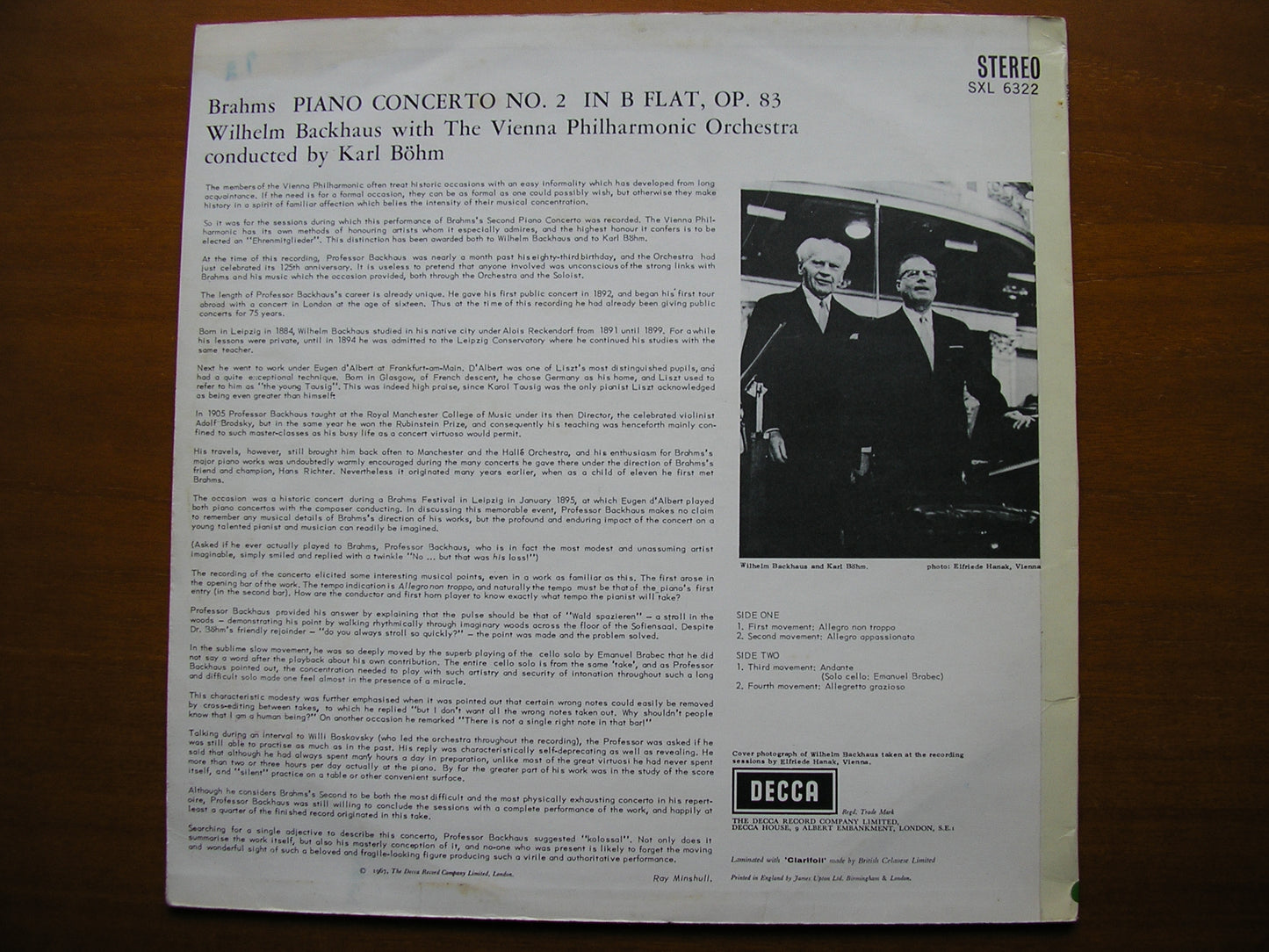 SXL 6322 BRAHMS: PIANO CONCERTO No.2 BACKHAUS / VIENNA PHILHARMONIC / BOHM ED2