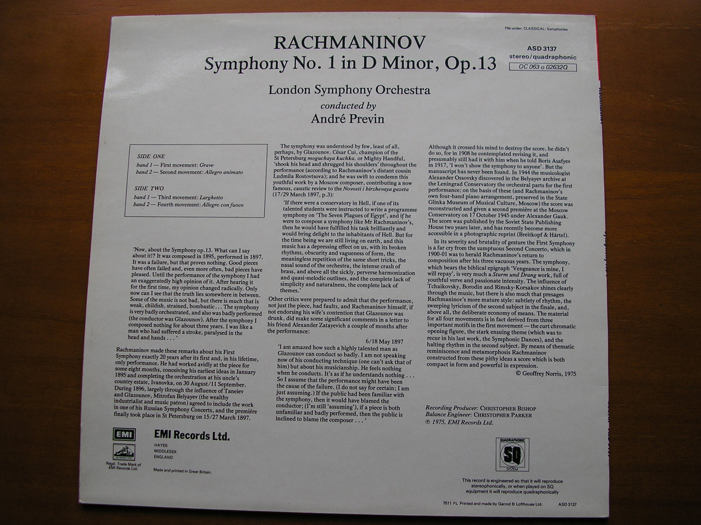 RACHMANINOV: SYMPHONY No. 1 PREVIN / LONDON SYMPHONY ASD 3137