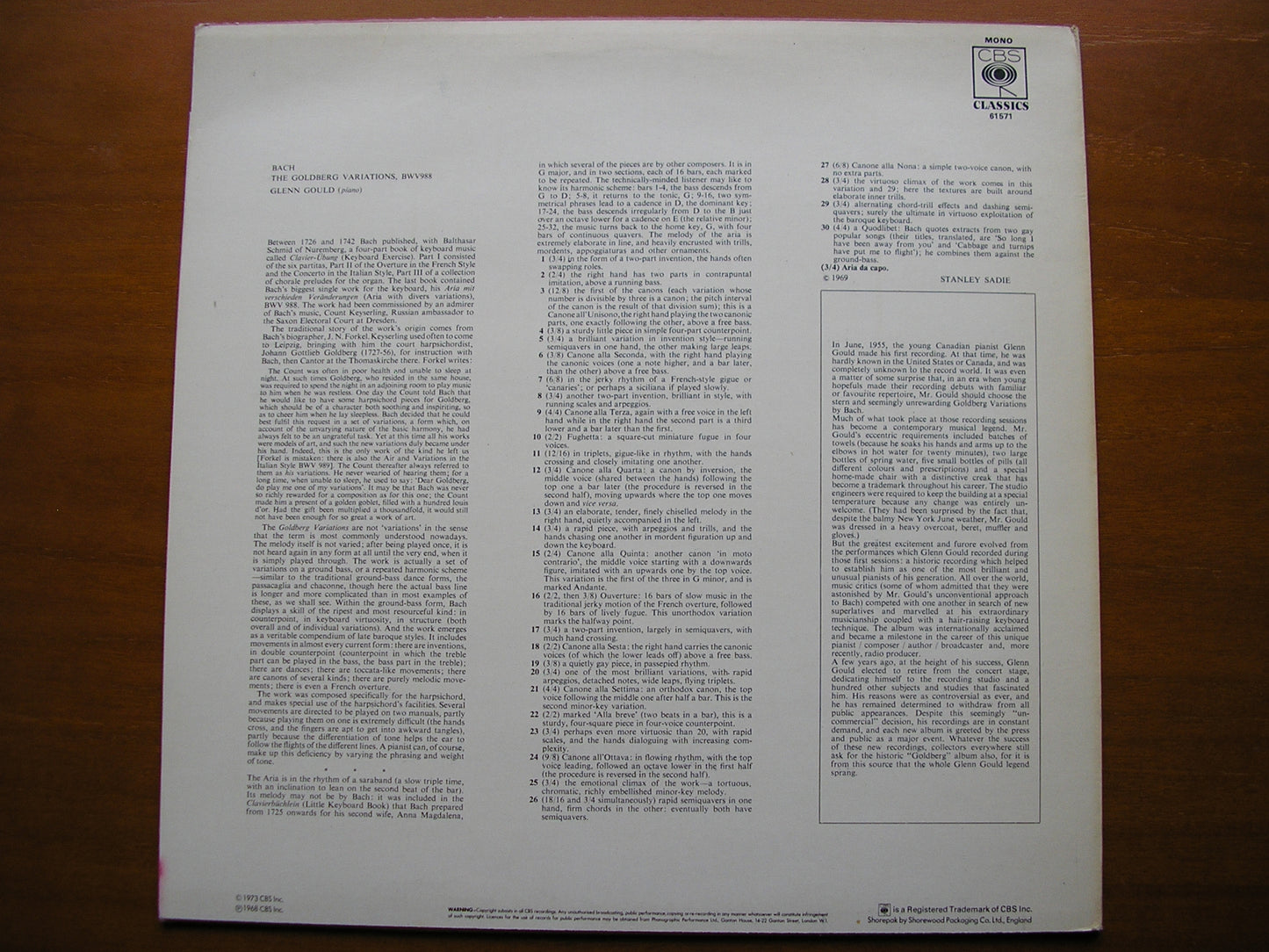 BACH: GOLDBERG VARIATIONS GLENN GOULD 61571
